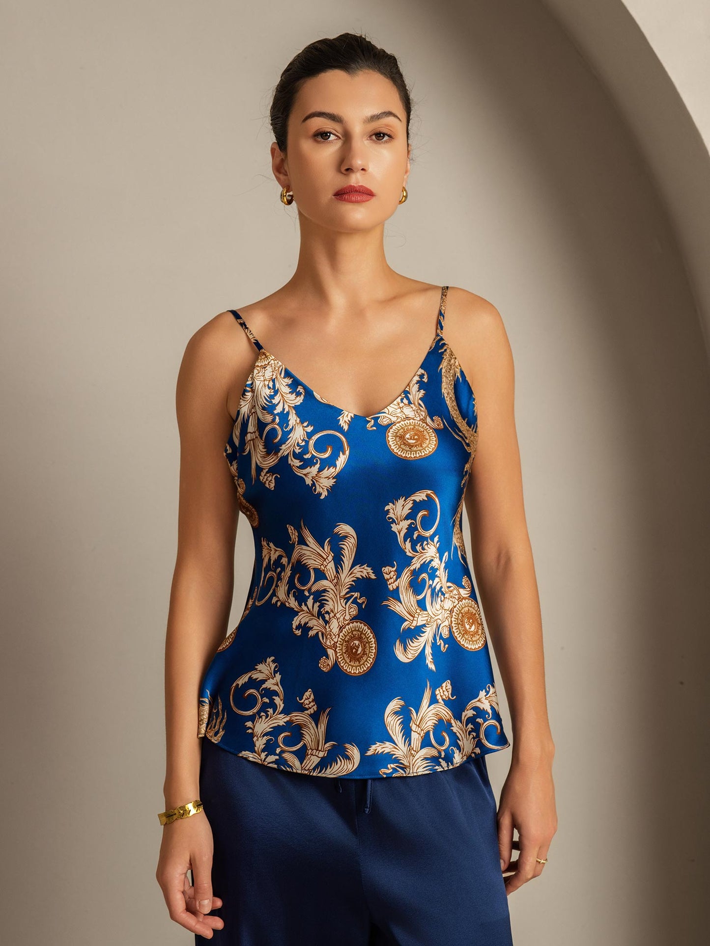 Pure Silk Dragon Print Spaghetti Strap V Neck Camisoles