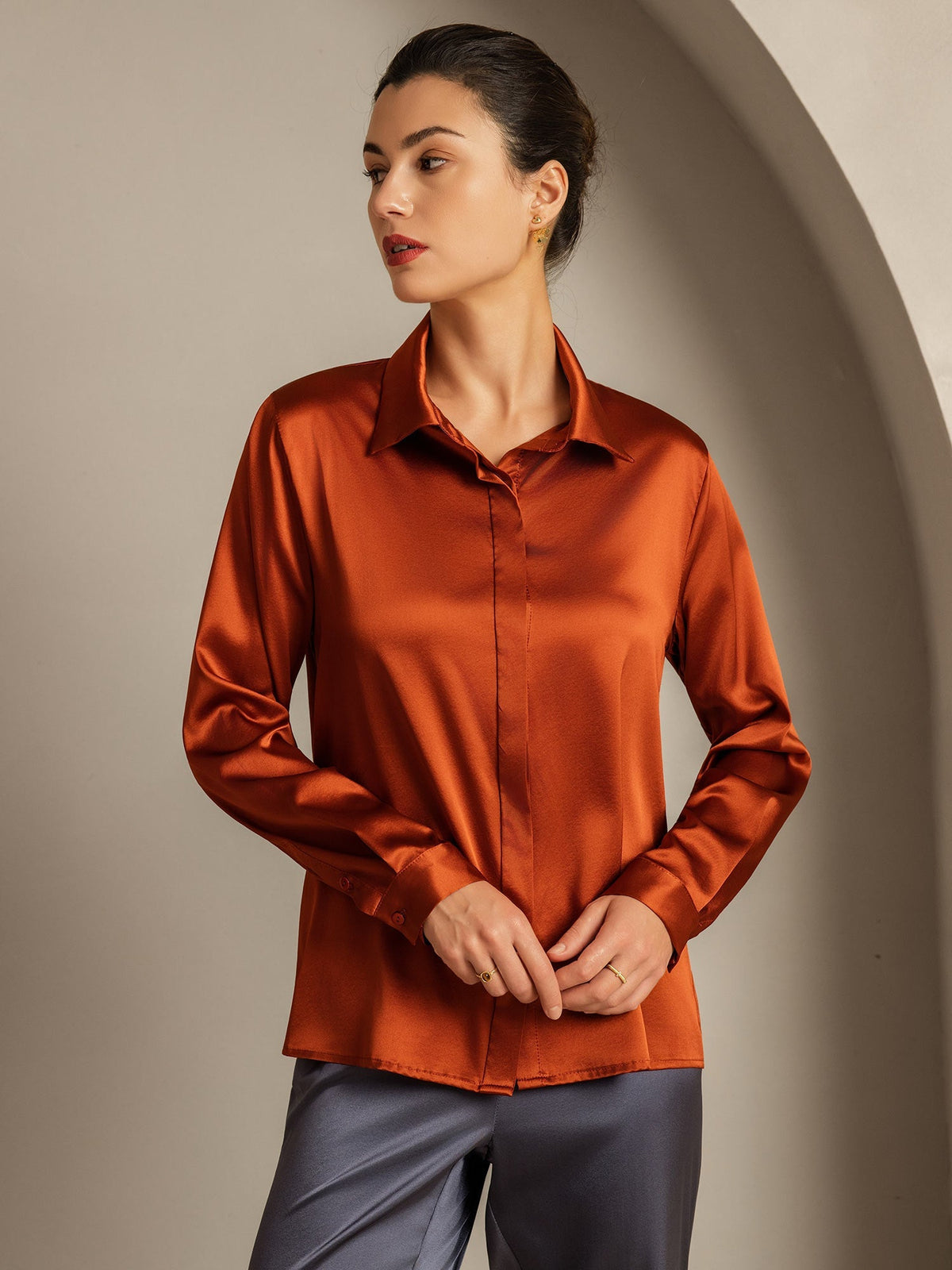 19Momme Silk Long Sleeve Lapel Collar Women's Shirt