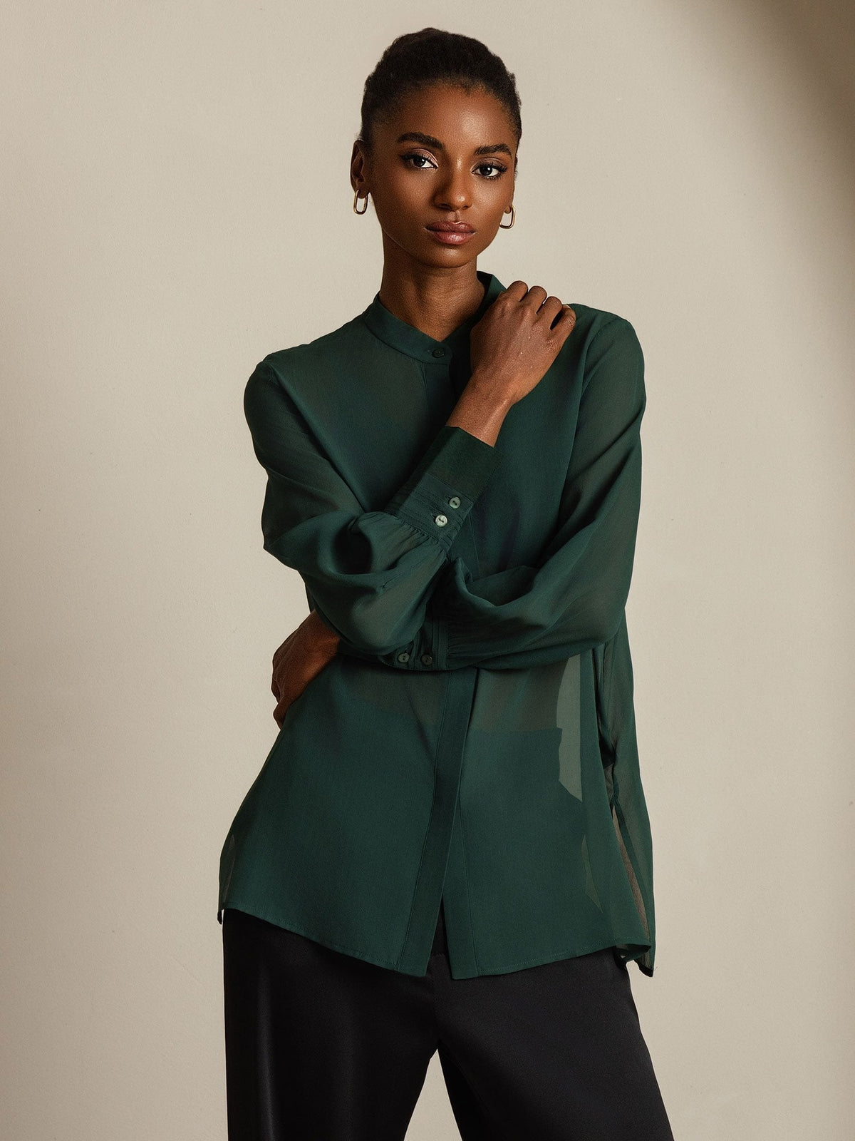 Pure Silk Long Sleeve Split Sheer Blouse