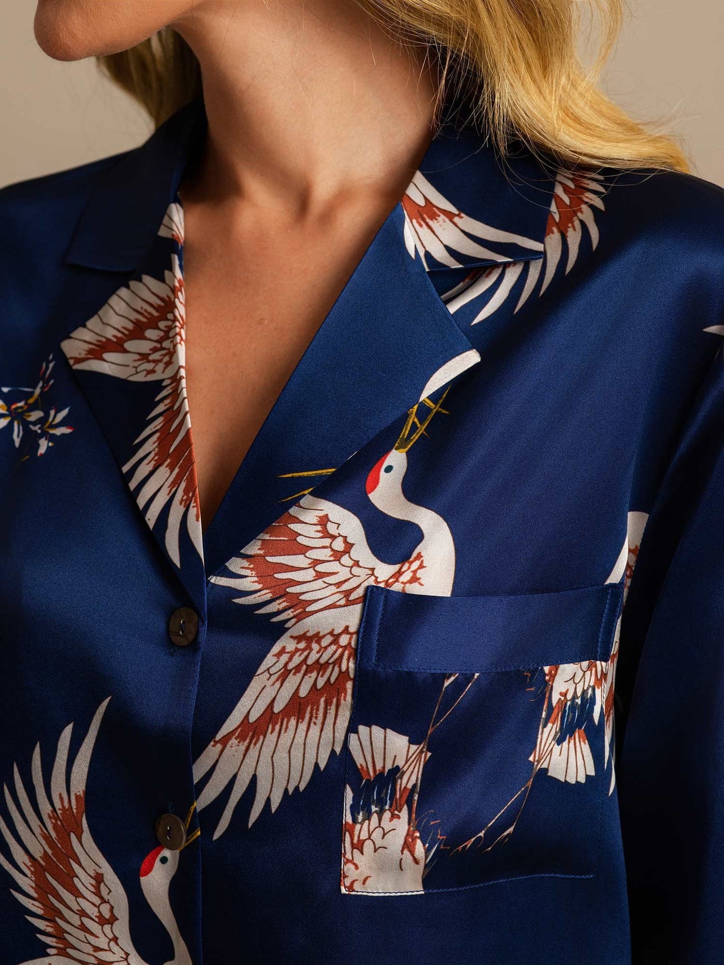 19Momme Pure Silk Crane Print Nightshirt with High-Low Hem
