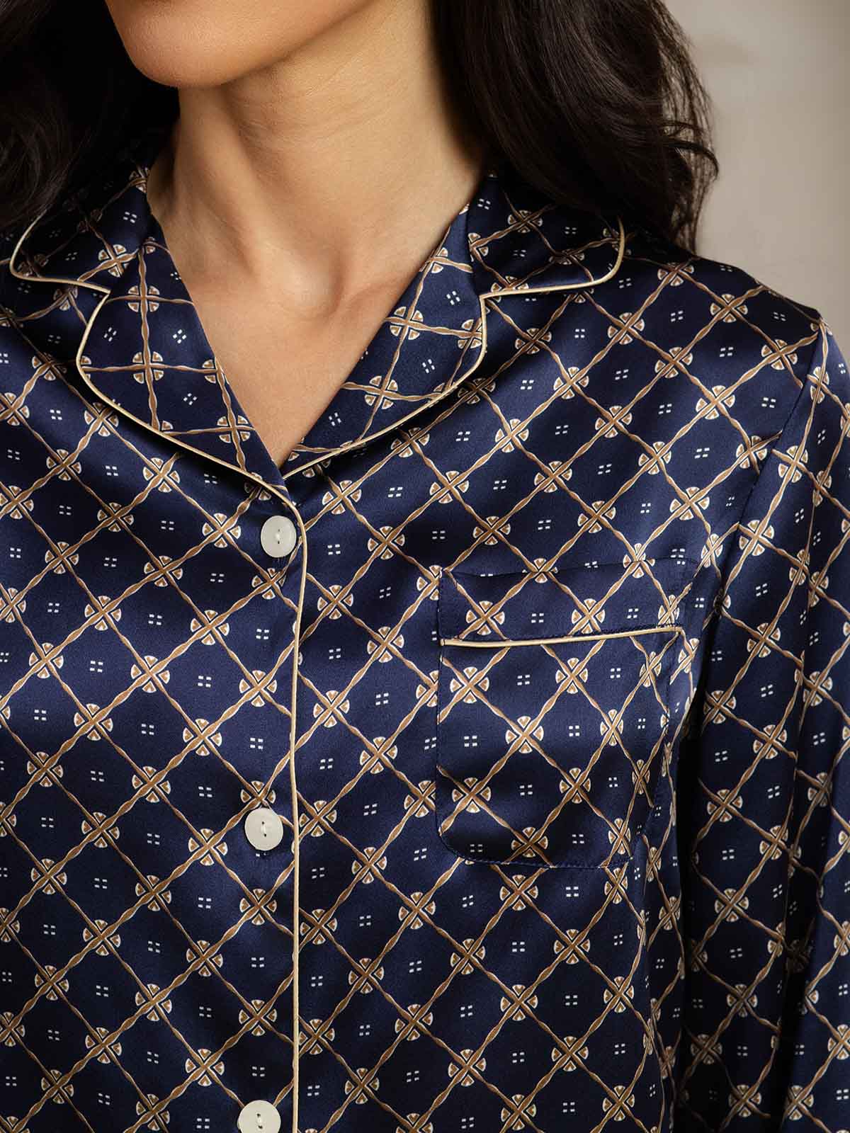 Pure Silk Navy Chain Print Long Sleeve Notch Collar Women's Pajamas Set