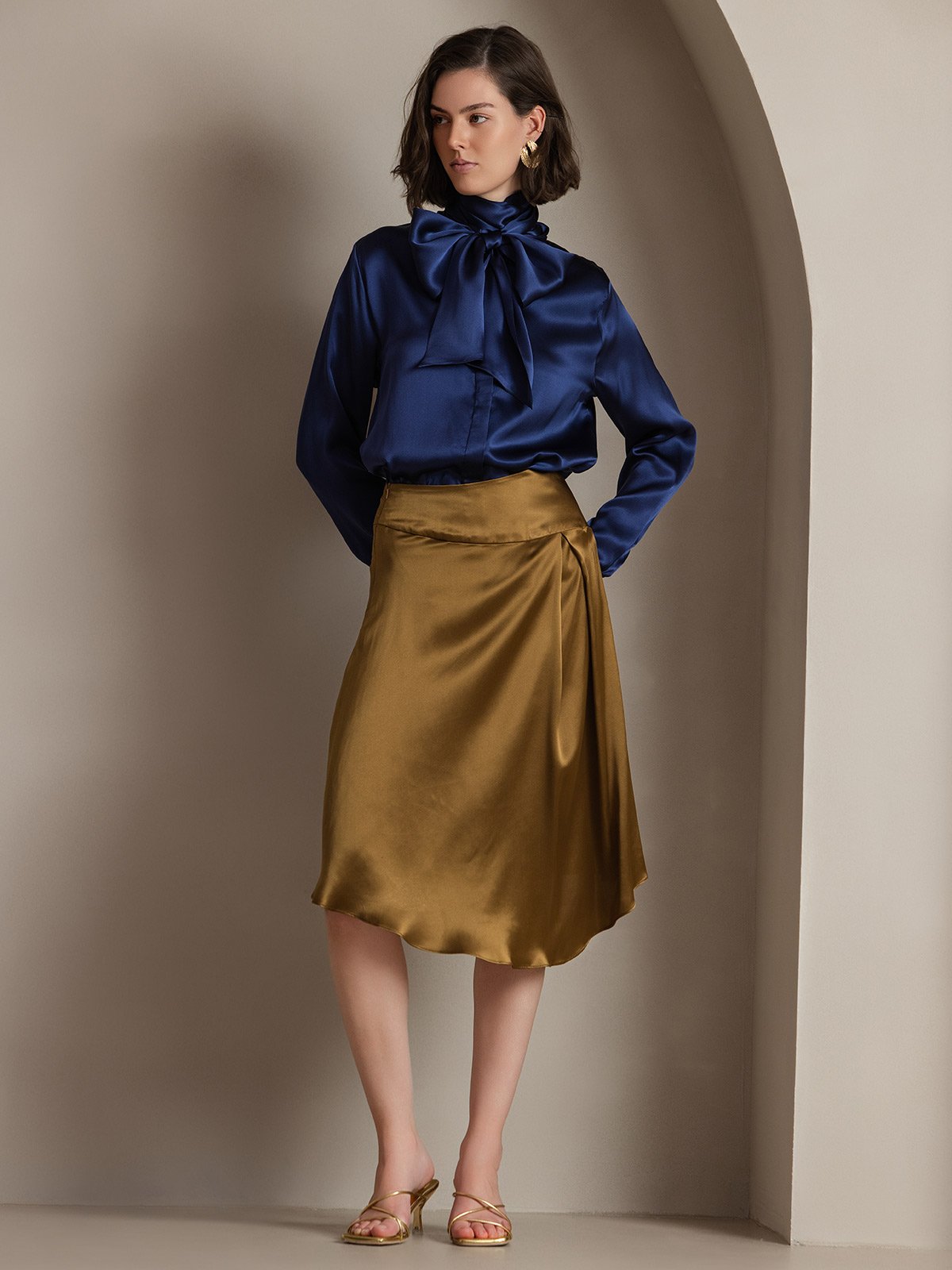19Momme Silk Long Sleeve High Neck Bow Tie Blouse