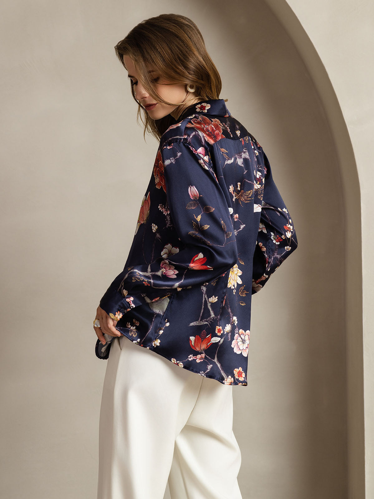 19Momme Silk Navy Floral Print Long Sleeve Lapel Collar Women's Shirt