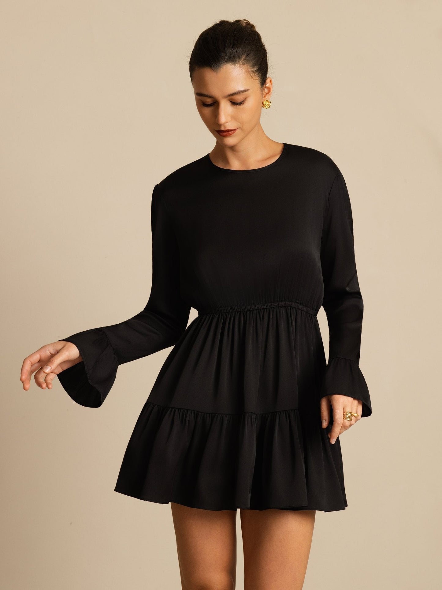 19Momme Silk  Ruffle Sleeves Short A-Line Flowy Dress