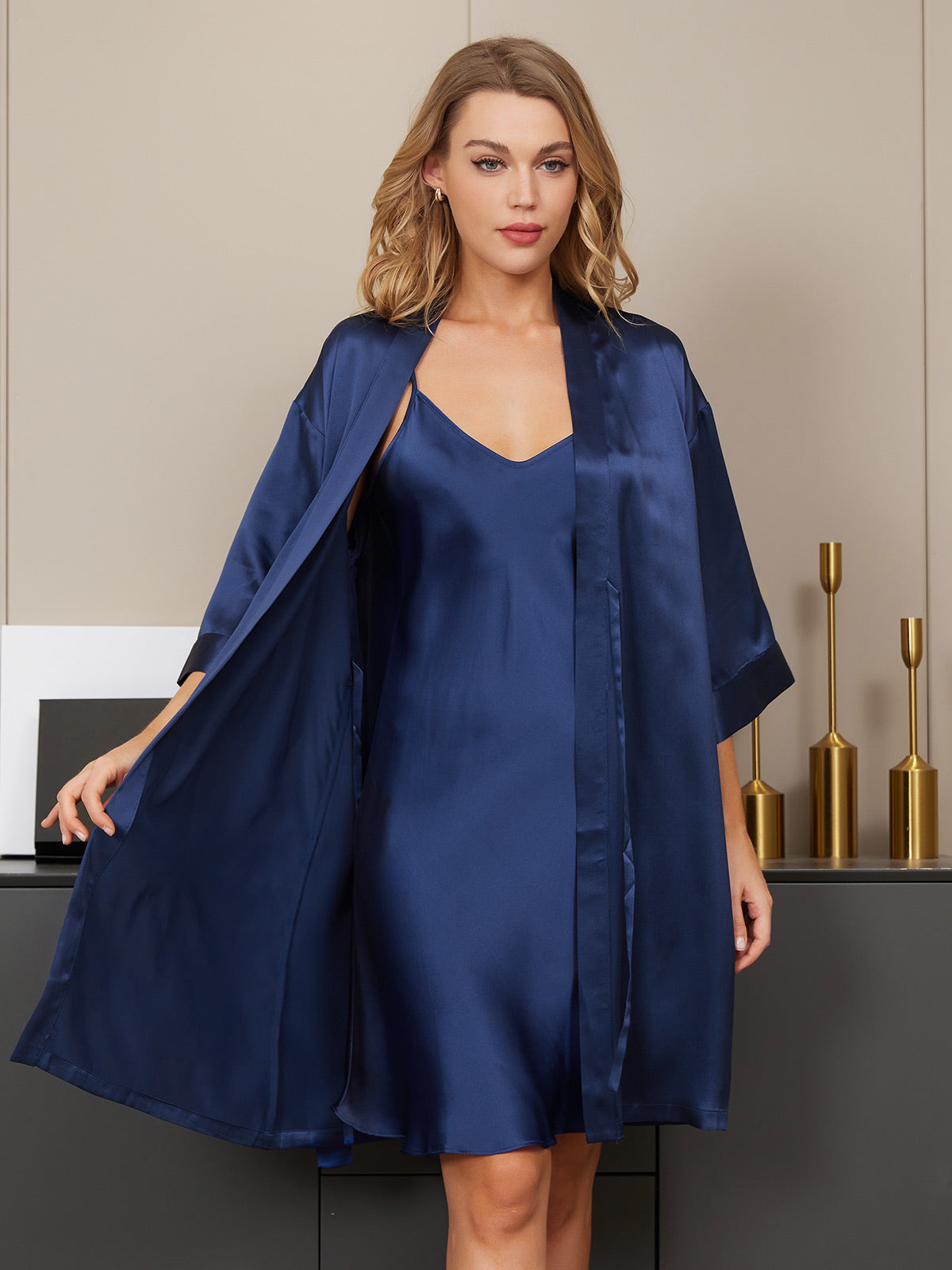 Pure Silk Kimono Dressing Gown & V‑Neck Nightdress Set