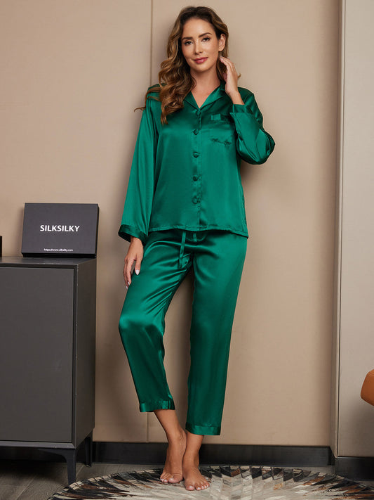 Pure Silk Long Sleeve Notch Collar Button Up Women's Pyjamas Set