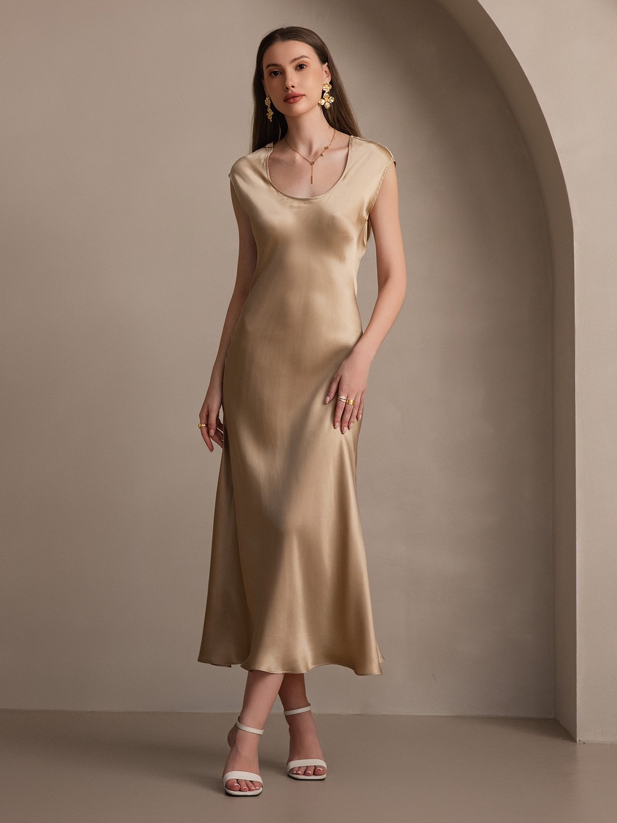 19Momme Silk Cap Sleeve Round Neck Midi Dress