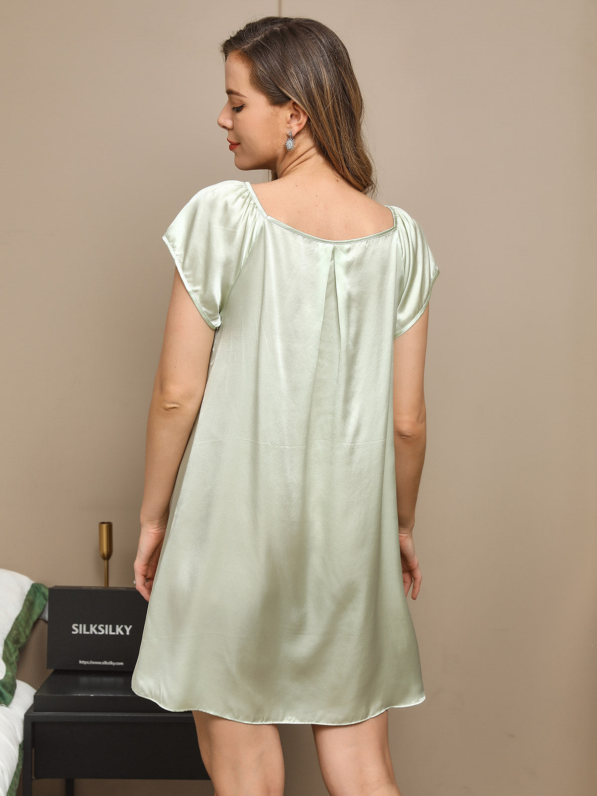 Pure Silk Cap Sleeve Square Neck Short Nightdress