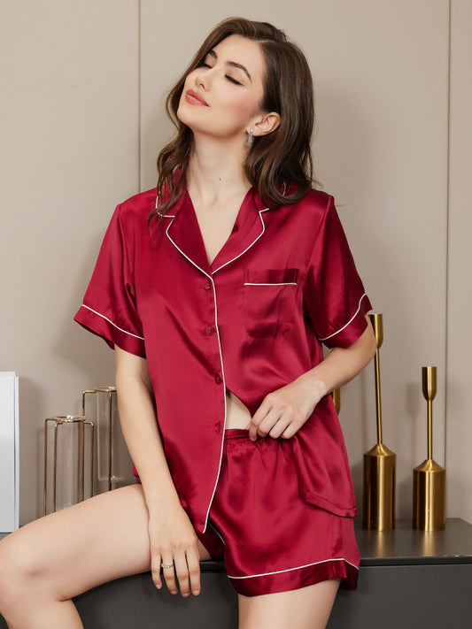 Pure Silk Short Sleeve Notch Collar Above the Knee Women's Pyjamas Set