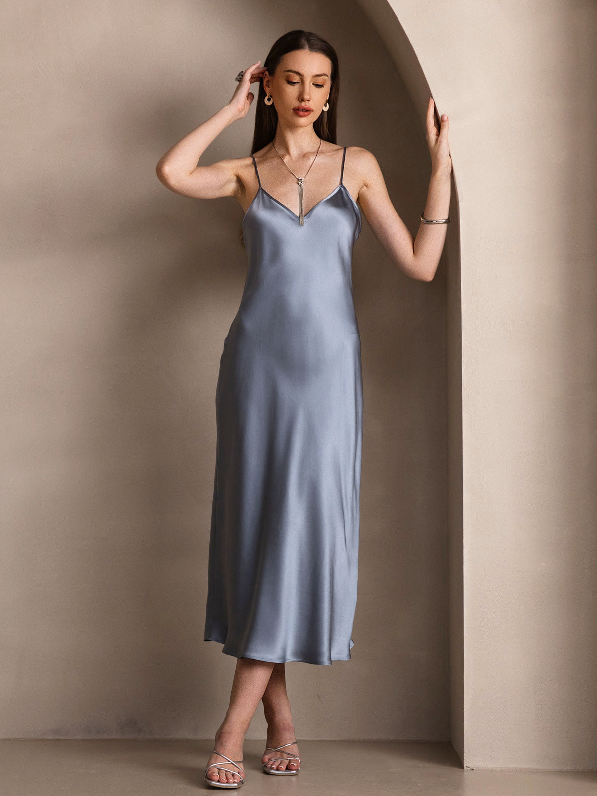 Pure Silk Spaghetti Strap Midi Dress