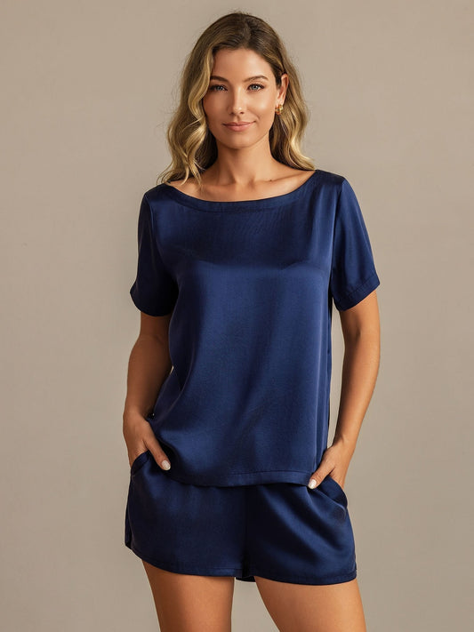 19Momme Women's Silk Short Sleeve Round Collar Pajamas Set with Side Pocket Design