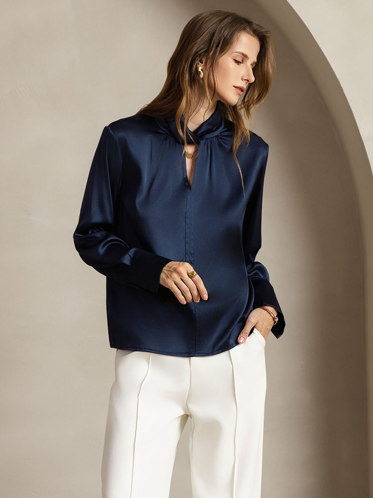 19Momme Silk Keyhole Neck Blouse with Pearl Buttons