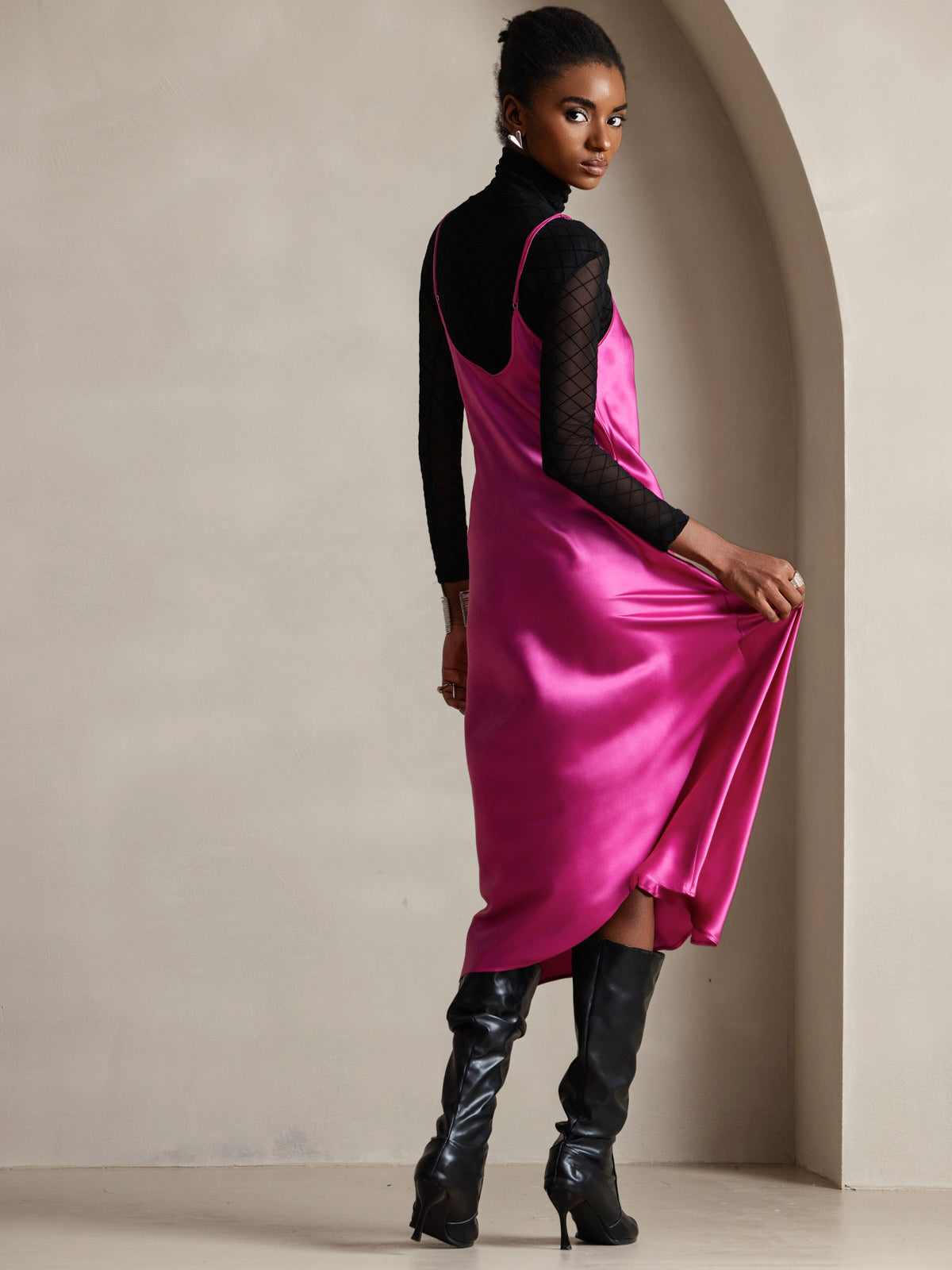 Pure Silk Spaghetti Strap V Neck Midi Dress