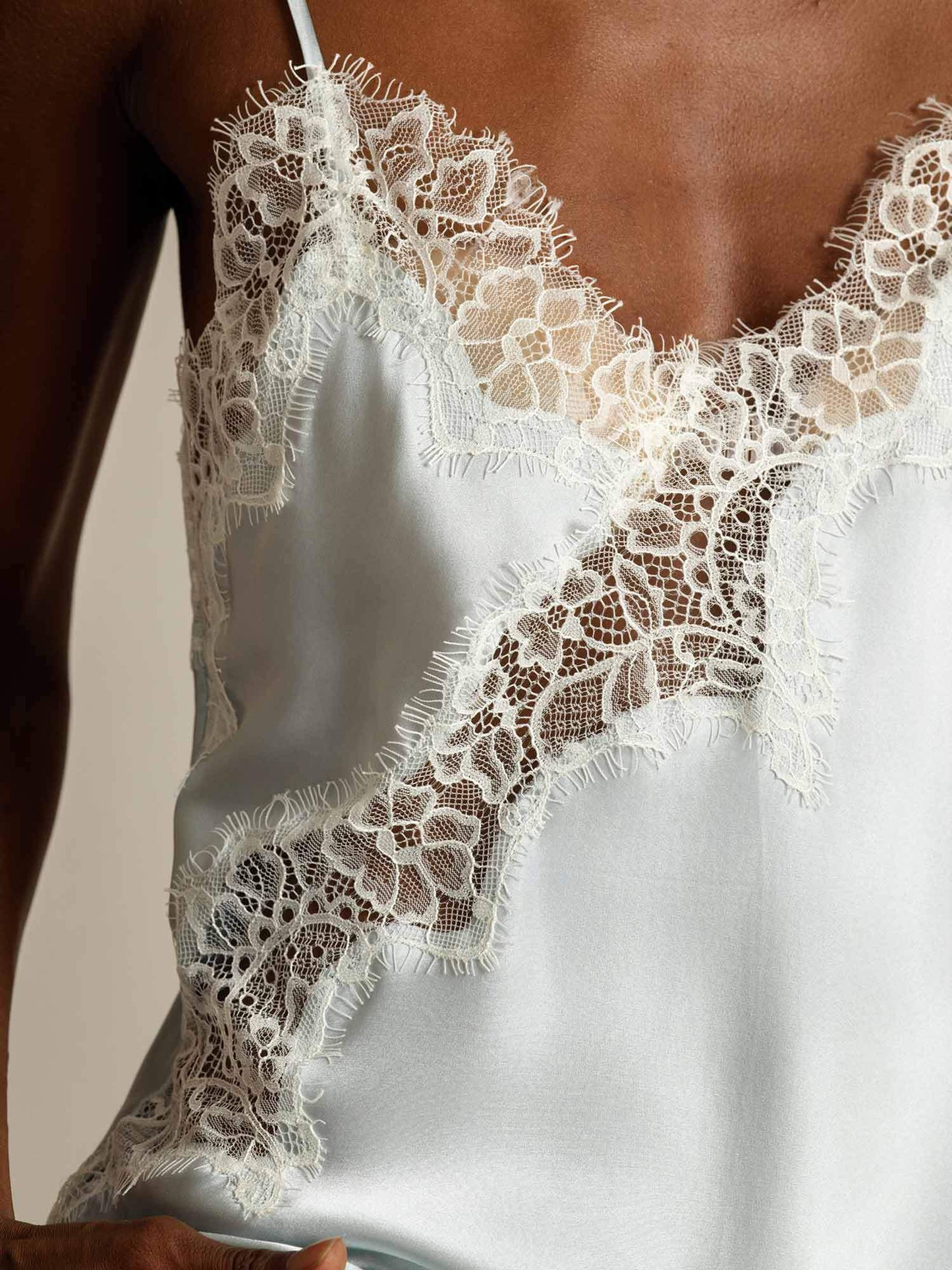Pure Silk Spaghetti Straps Lace Camisole Top with Asymmetrical Hem
