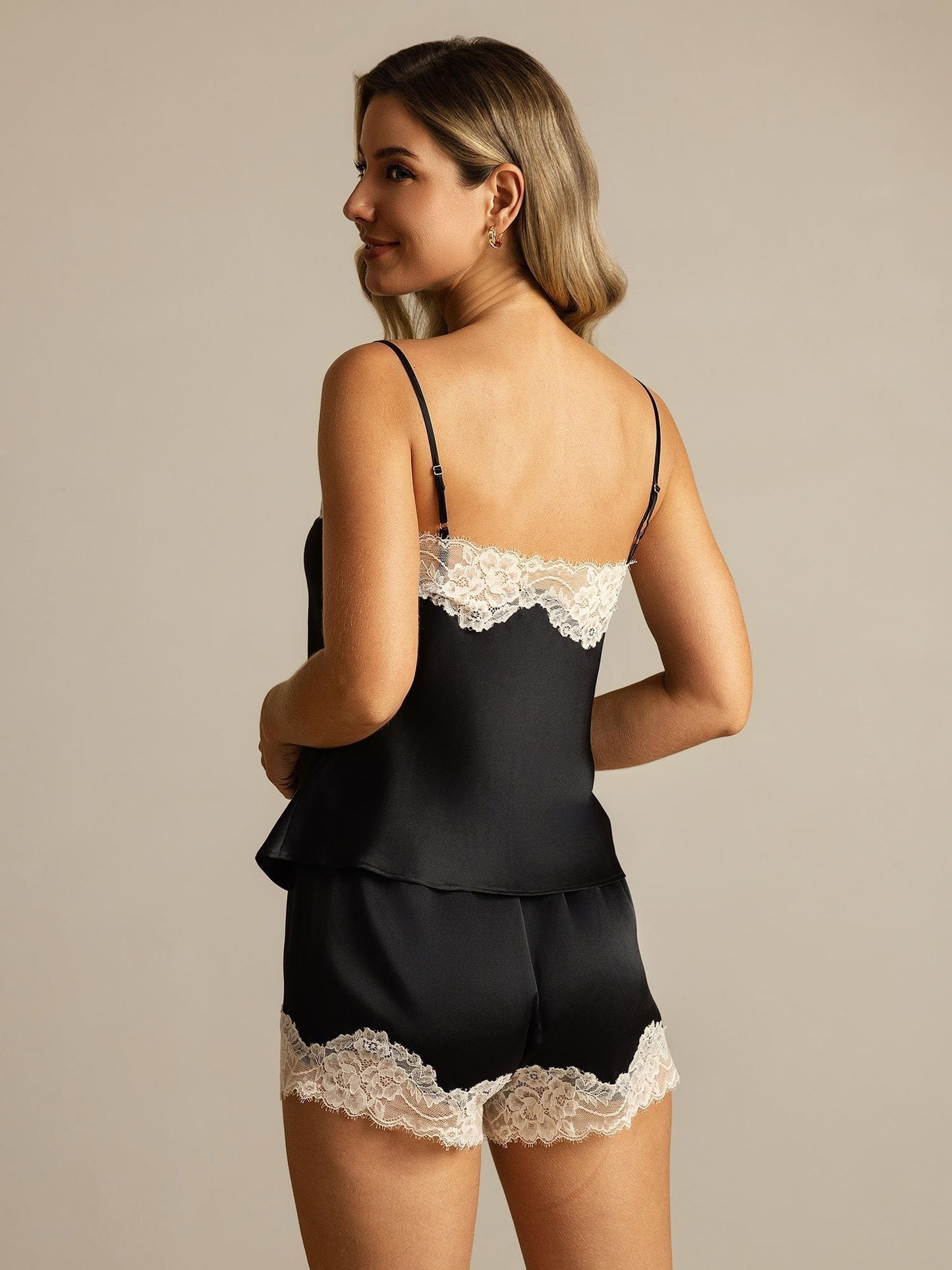 Pure Silk Spaghetti Strap V Neck Camisole Set with Lace Design