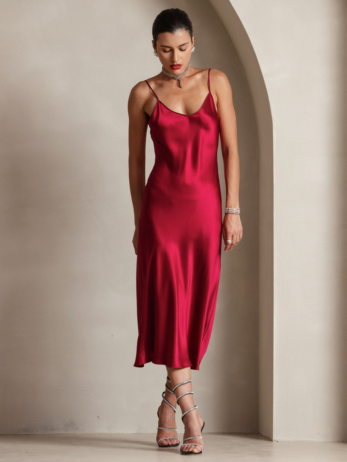 Pure Silk Spaghetti Strap Midi Dress