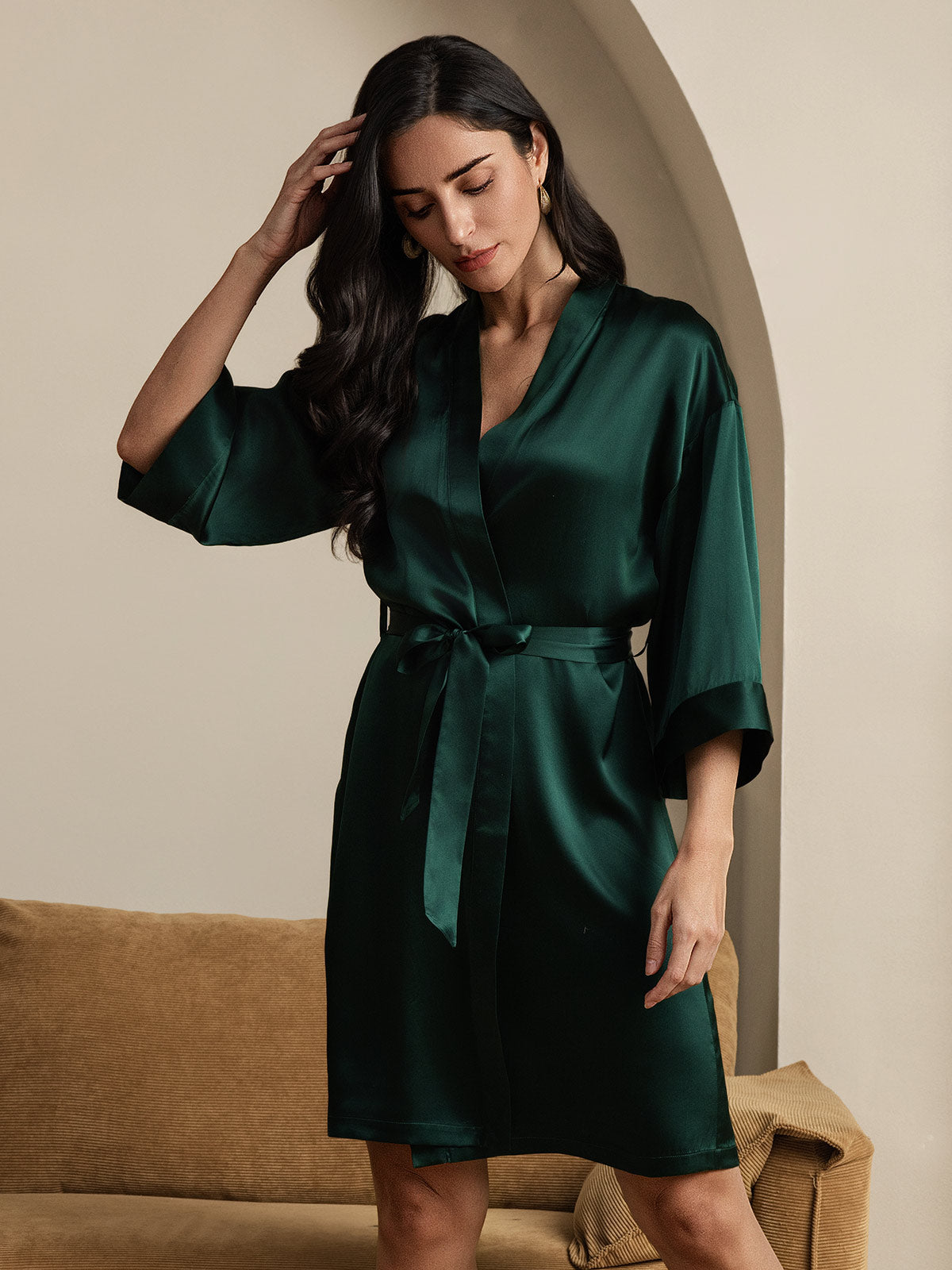 Pure Silk 3/4 Sleeve Women's Kimono Wrap Dressing Gown