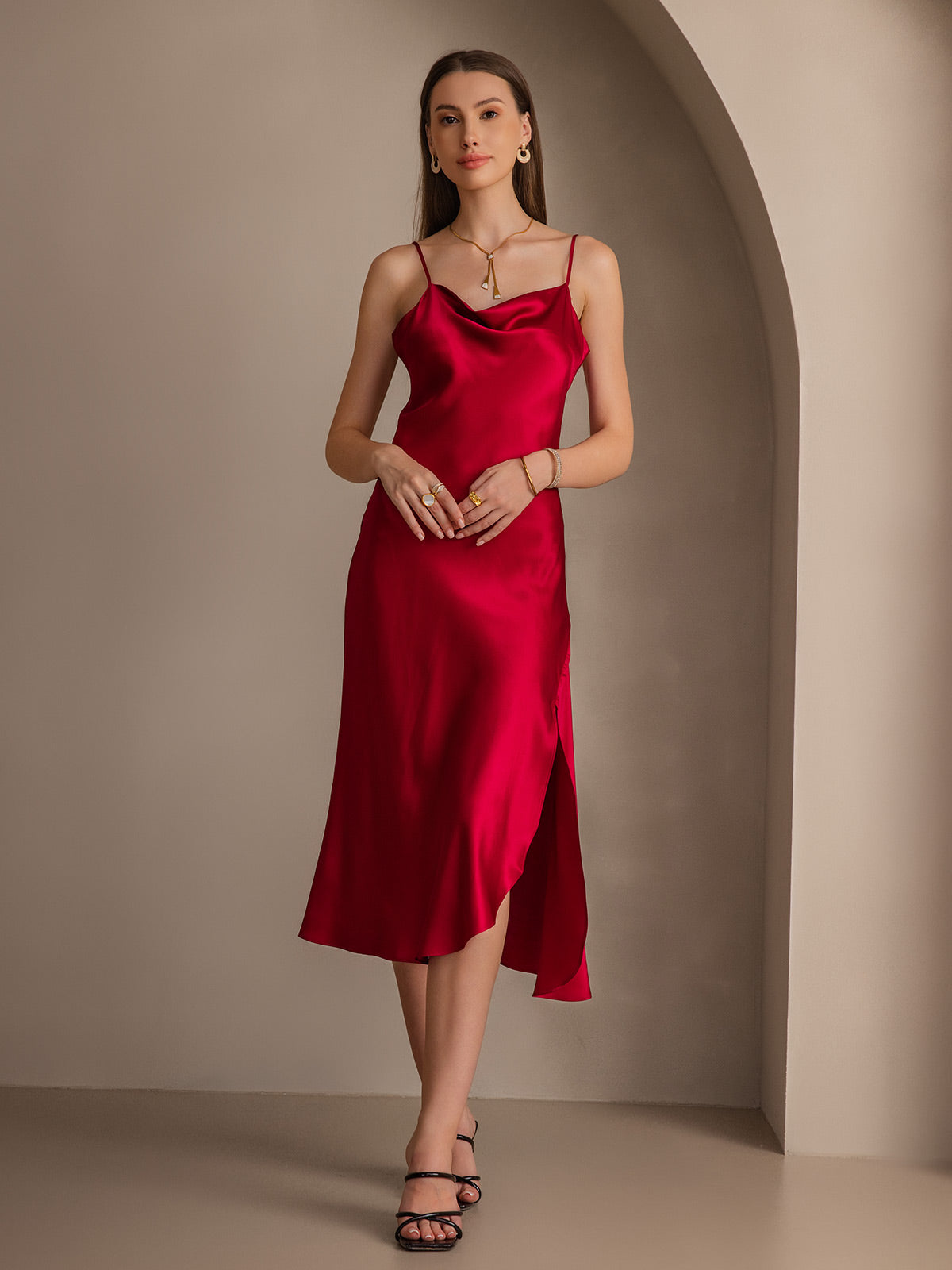 Pure Silk Spaghetti Strap Cowl Neck Bias Midi Dress with Split Design