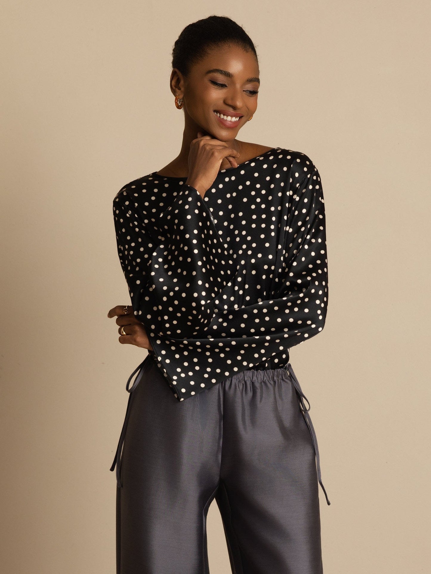 19Momme Women's Silk Polka Dot Print Bell Sleeve Boat Neck Top