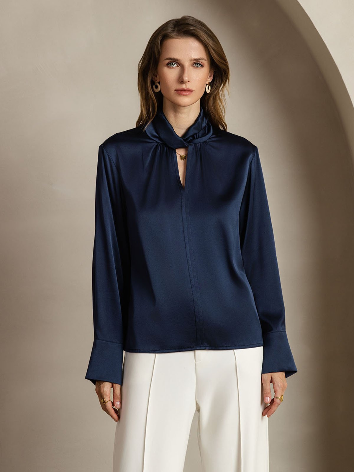 19Momme Silk Keyhole Neck Blouse with Pearl Buttons