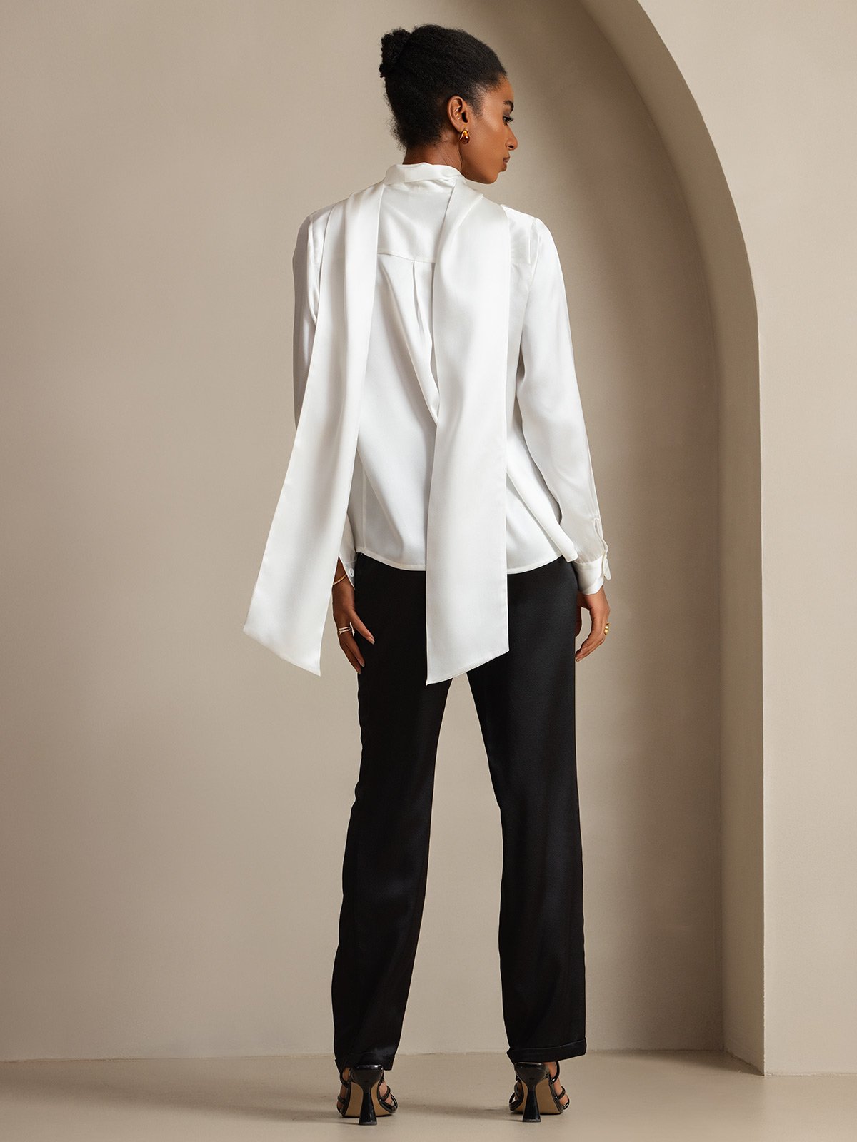 19Momme Silk Long Sleeve High Neck Bow Tie Blouse