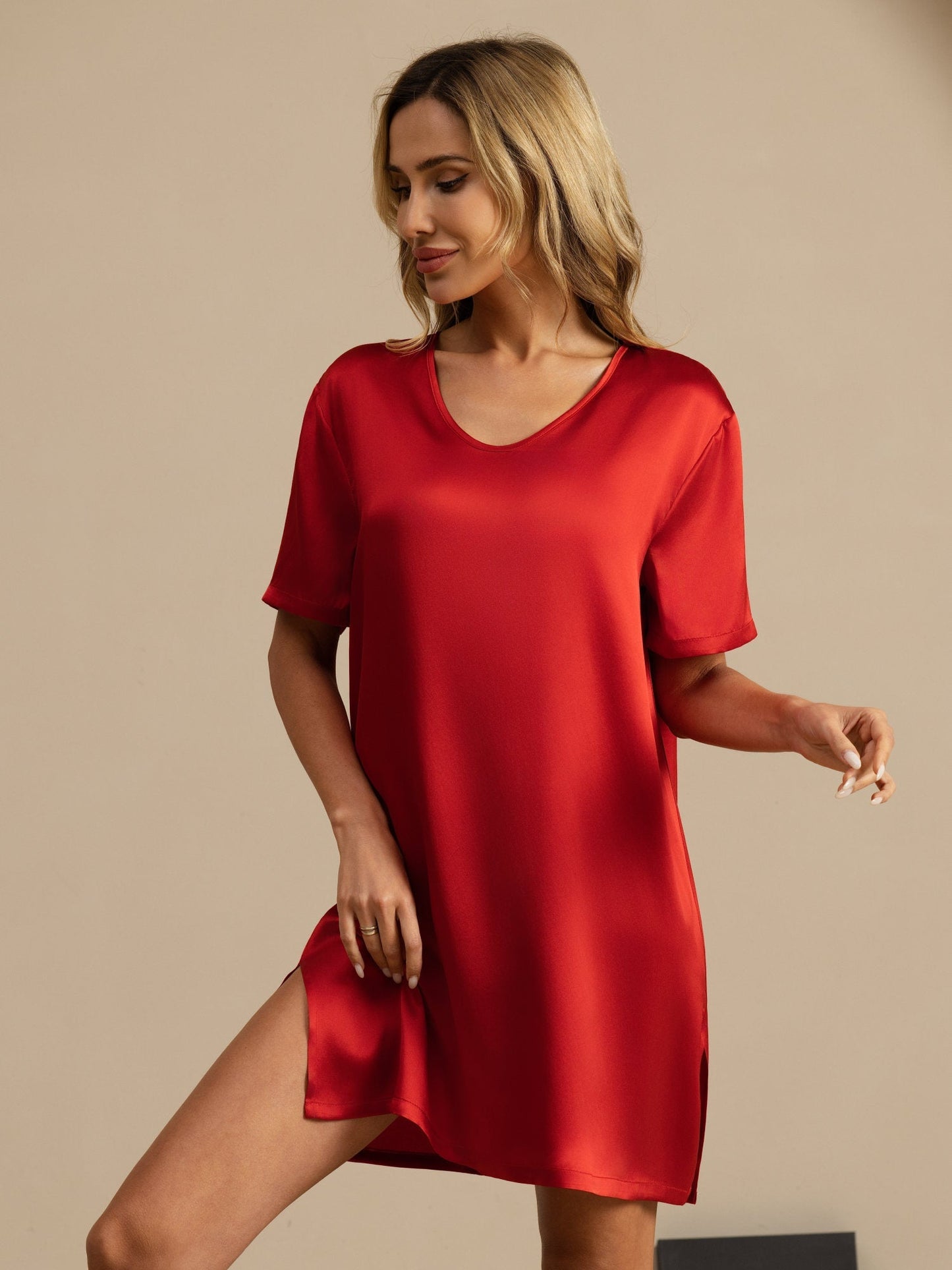 Pure Silk Half Sleeve V-neck Short Nightdress with Split Design