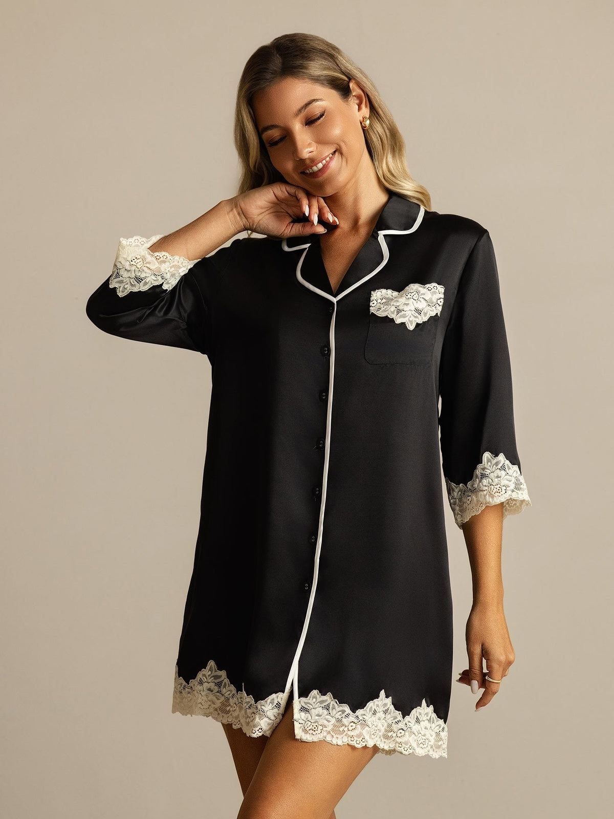 Pure Silk Button Up Nightshirt with Lace Design