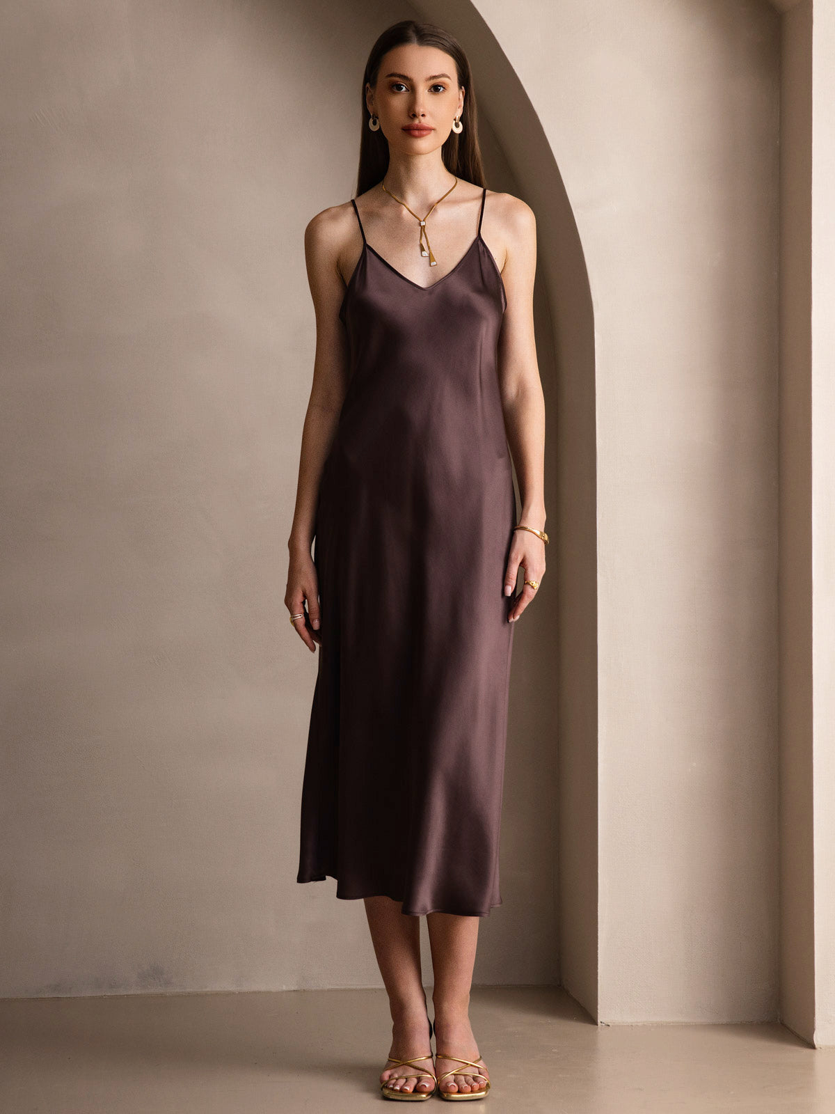 Pure Silk Spaghetti Strap V Neck Midi Dress