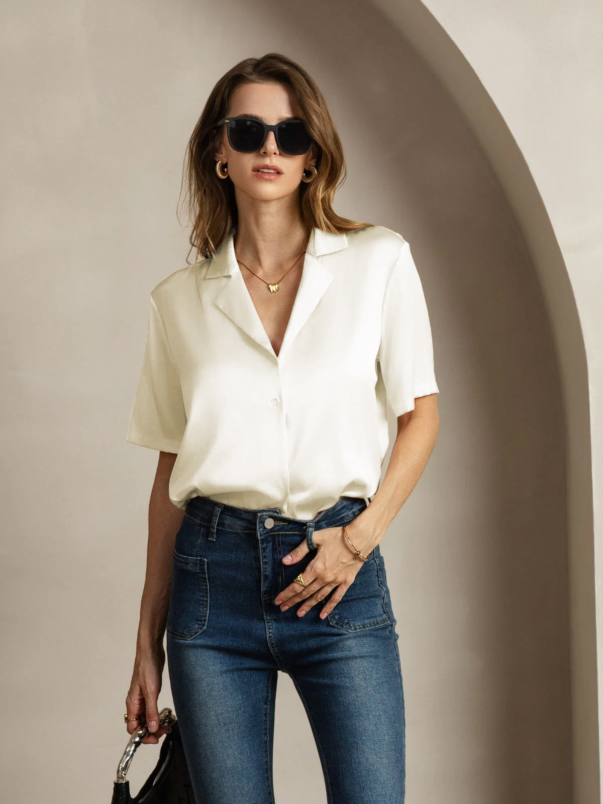 19Momme Silk Short Sleeve Notched Lapel Women's Shirt with Button Up Design