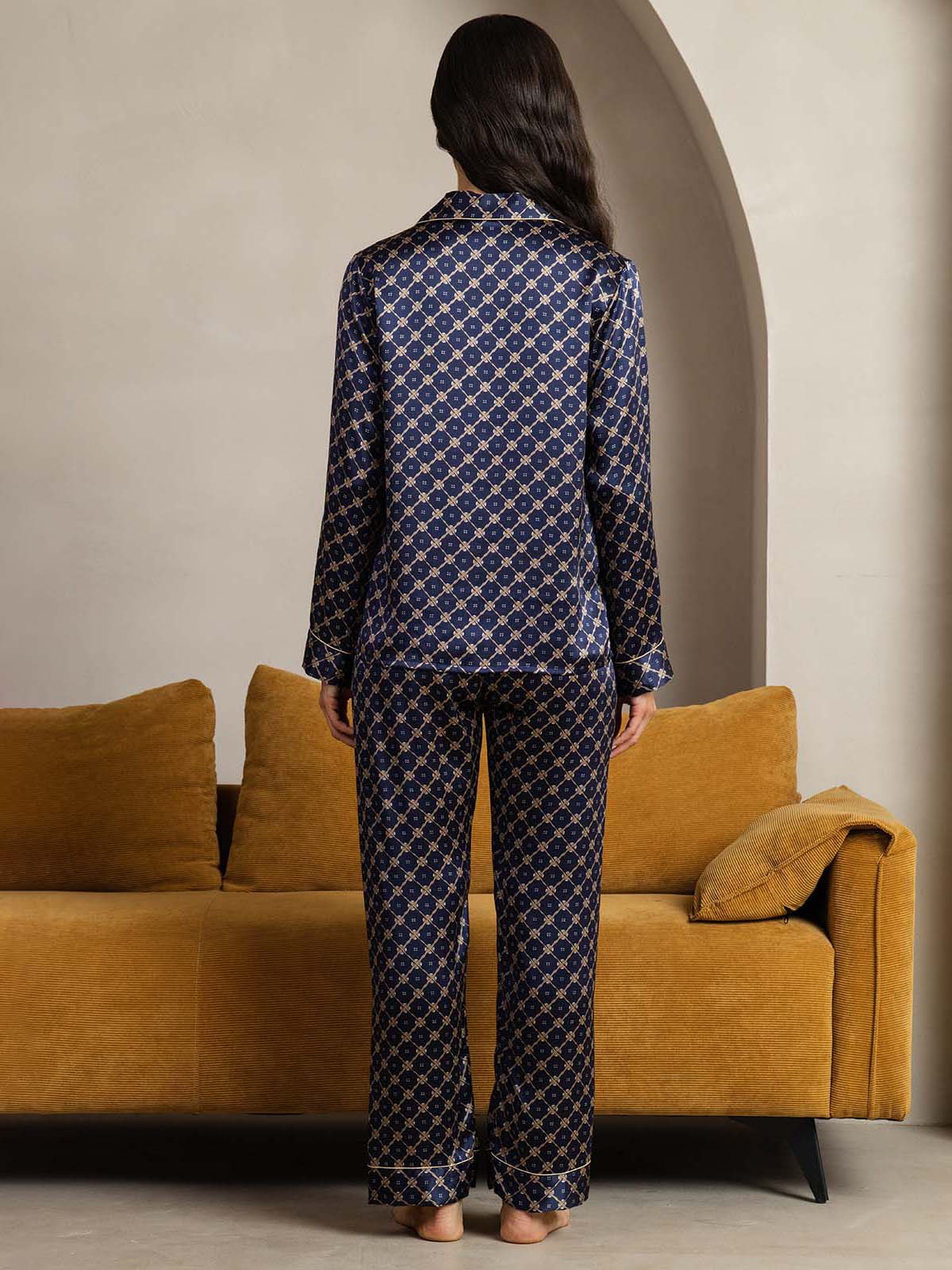 Pure Silk Navy Chain Print Long Sleeve Notch Collar Women's Pajamas Set