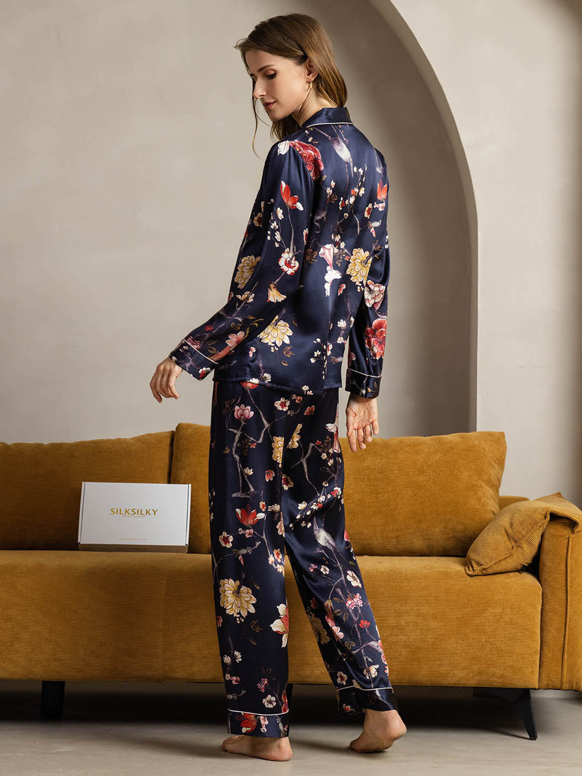Women's Pure Silk Navy Floral Print Long Sleeve Notch Collar Button Up Pajamas Set