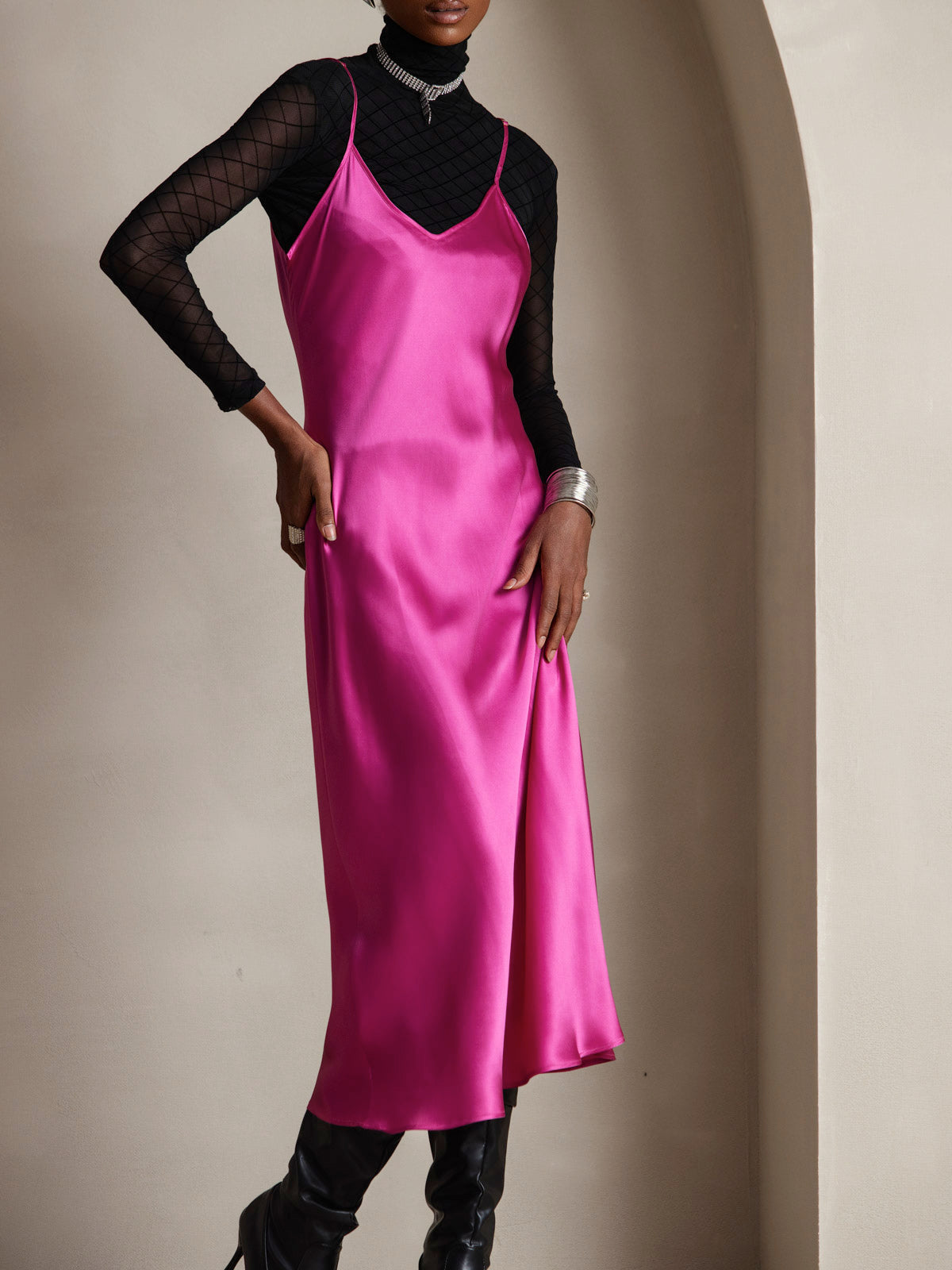 Pure Silk Spaghetti Strap Midi Dress
