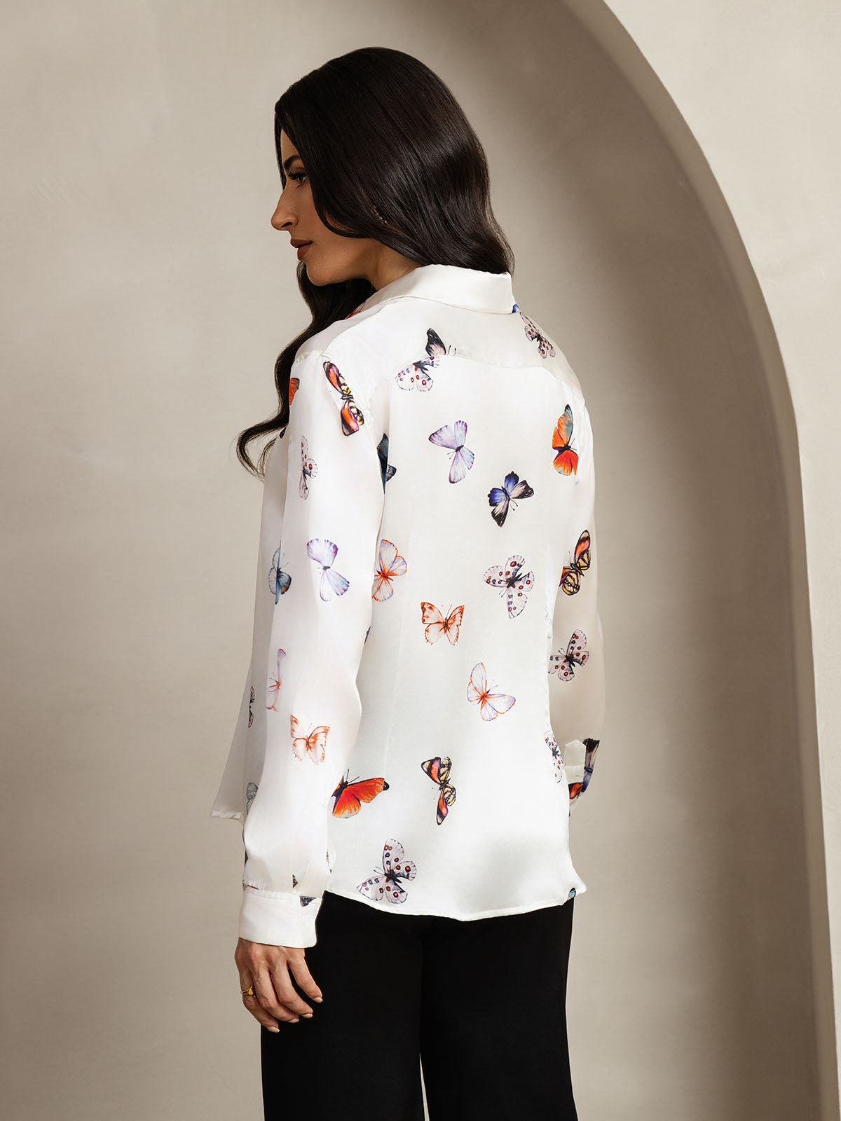 19Momme Silk Butterfly Print Long Sleeve Lapel Collar Women's Shirt