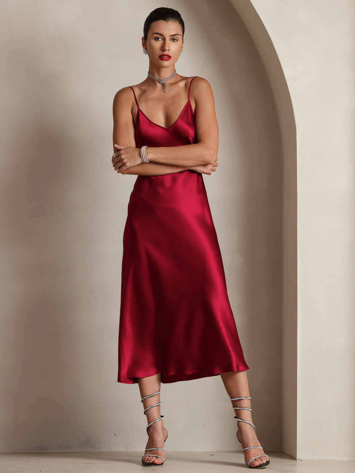 Pure Silk Spaghetti Strap V Neck Midi Dress