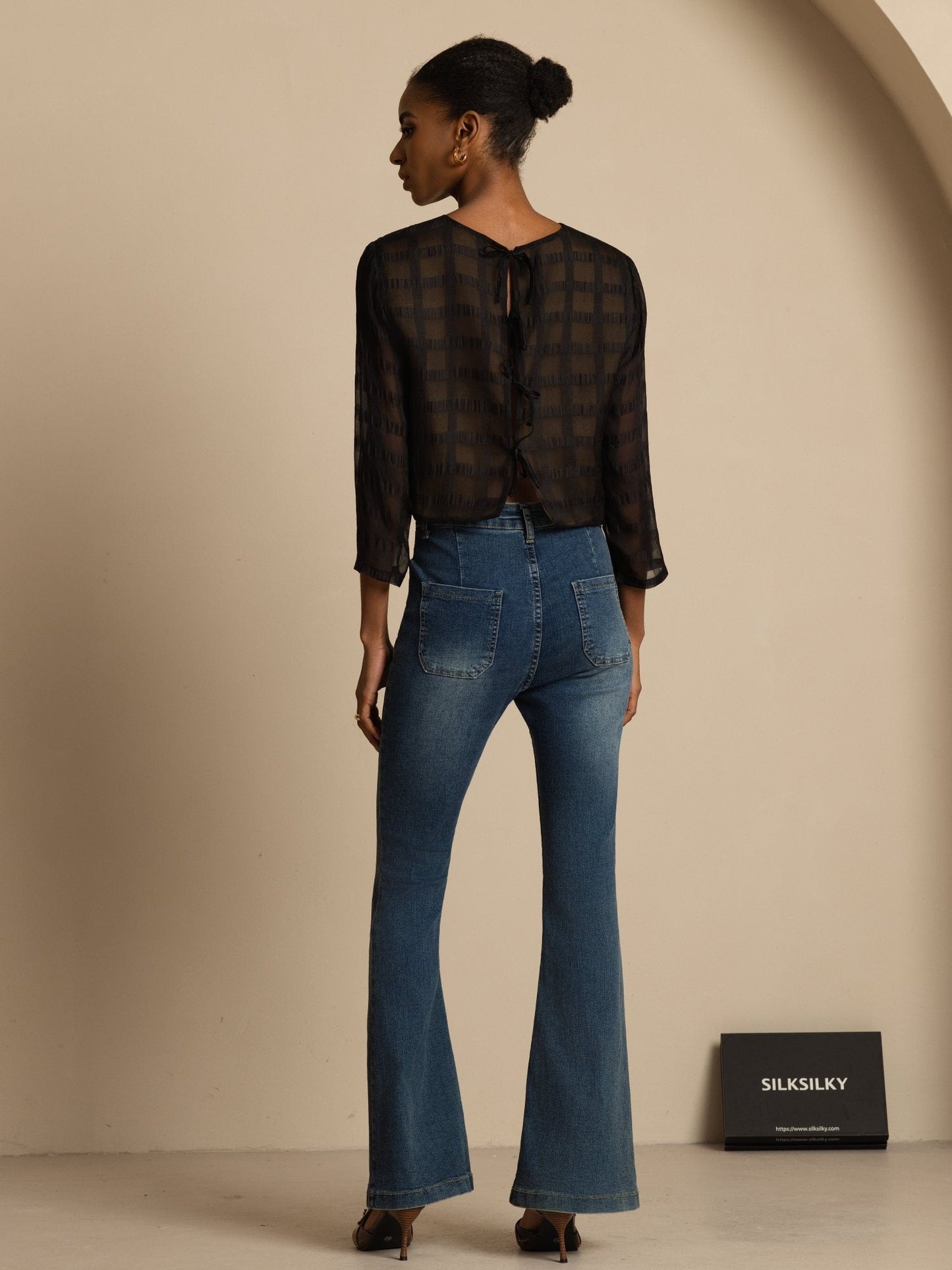 Pure Silk Women's Long Sleeve Textured Grid Crop Blouse with Back Ties