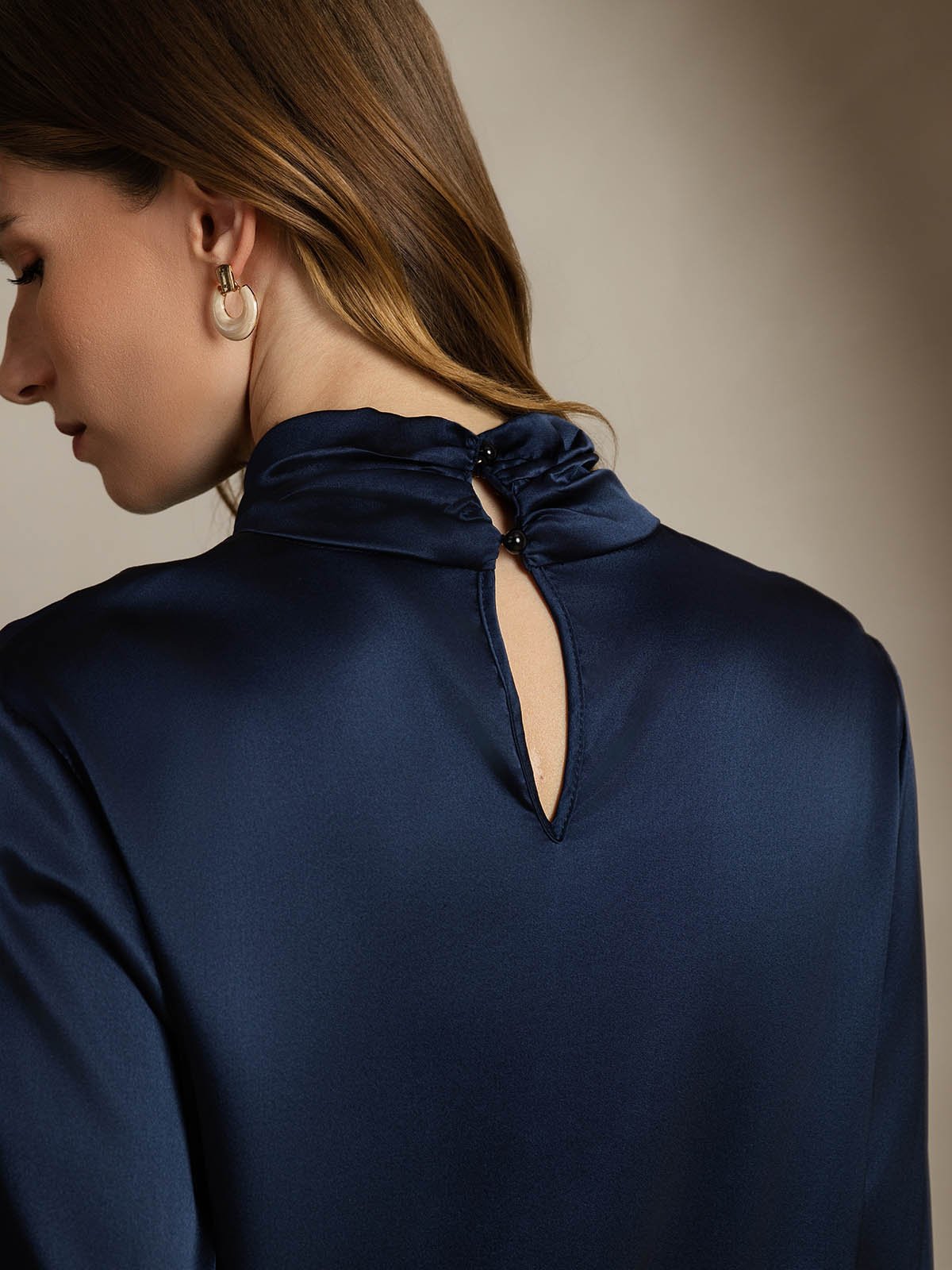 19Momme Silk Keyhole Neck Blouse with Pearl Buttons