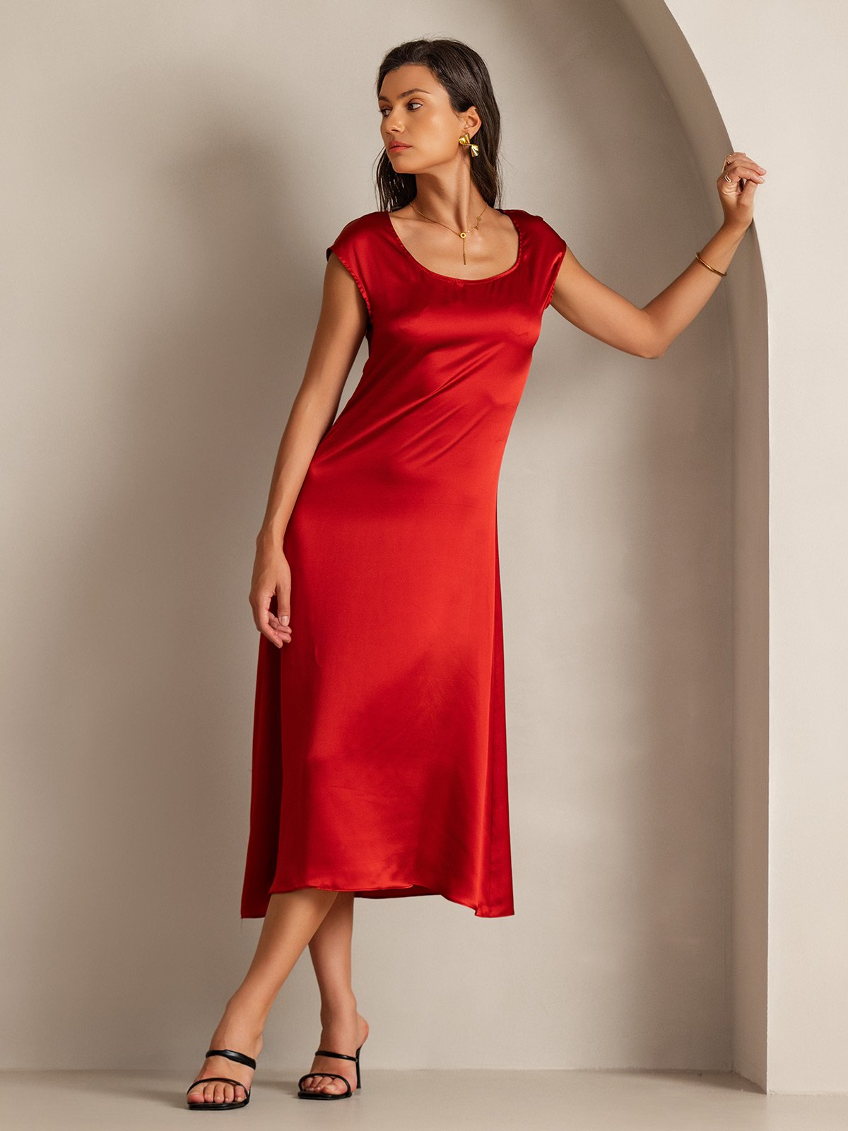 19Momme Silk Cap Sleeve Round Neck Midi Dress