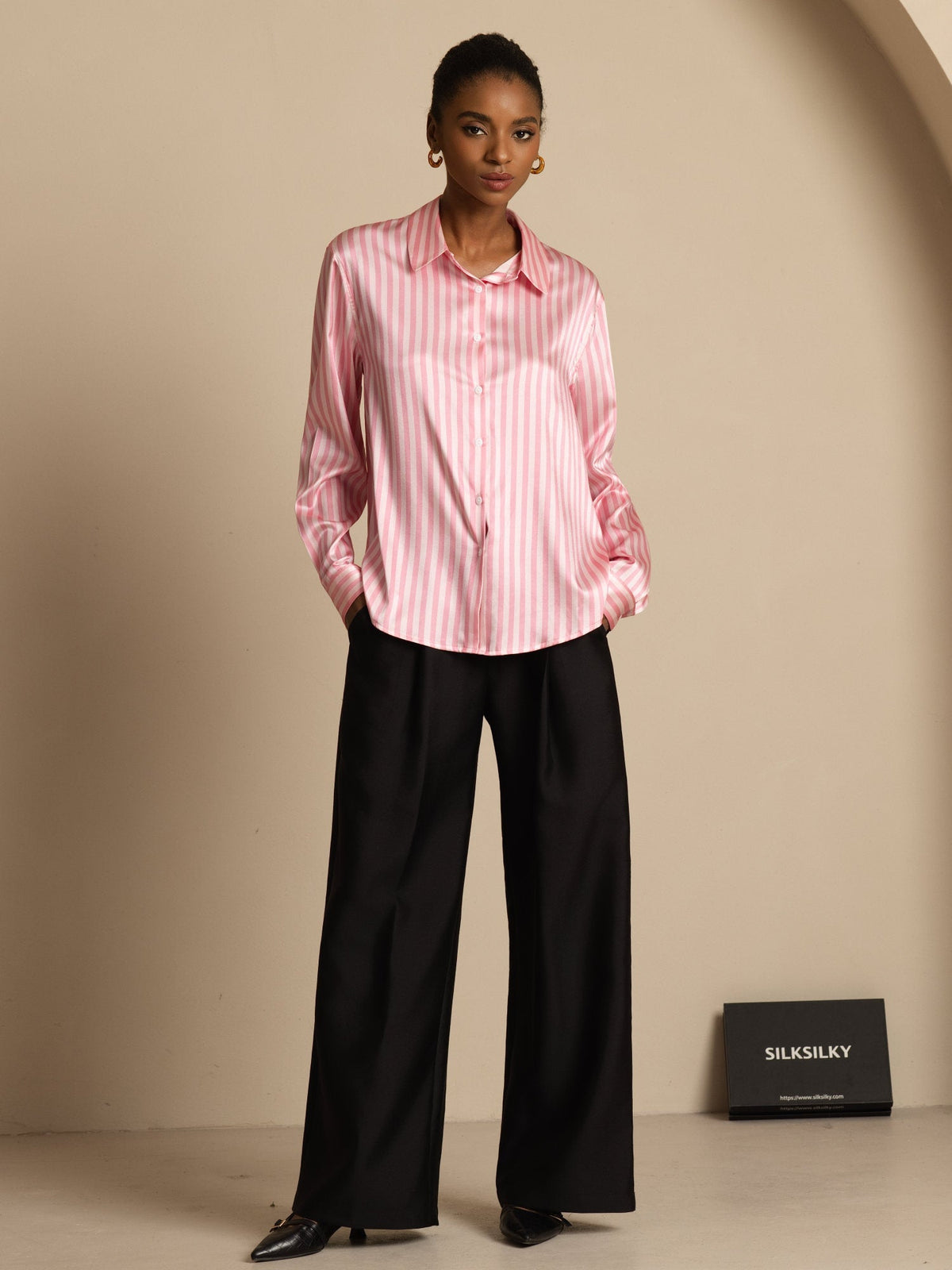 19Momme Silk Long Sleeve Lapel Collar Women's Shirt with Button Up Design