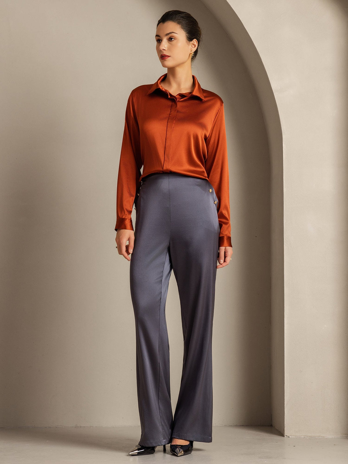 19Momme Silk Long Sleeve Lapel Collar Women's Shirt
