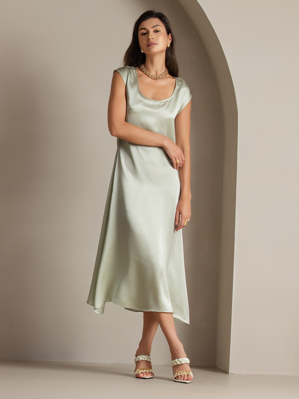 19Momme Silk Cap Sleeve Round Neck Midi Dress