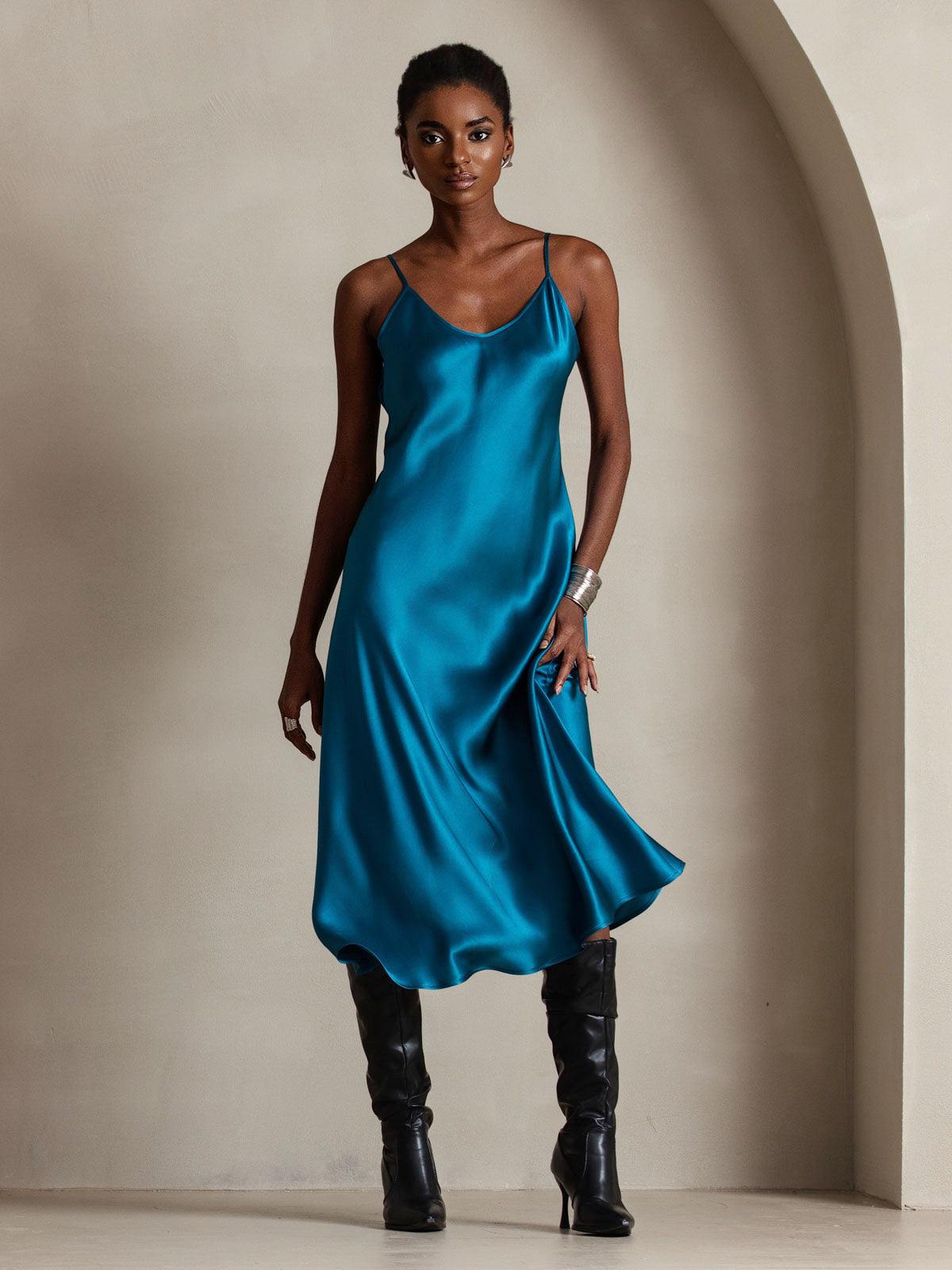 Pure Silk Spaghetti Strap Midi Dress