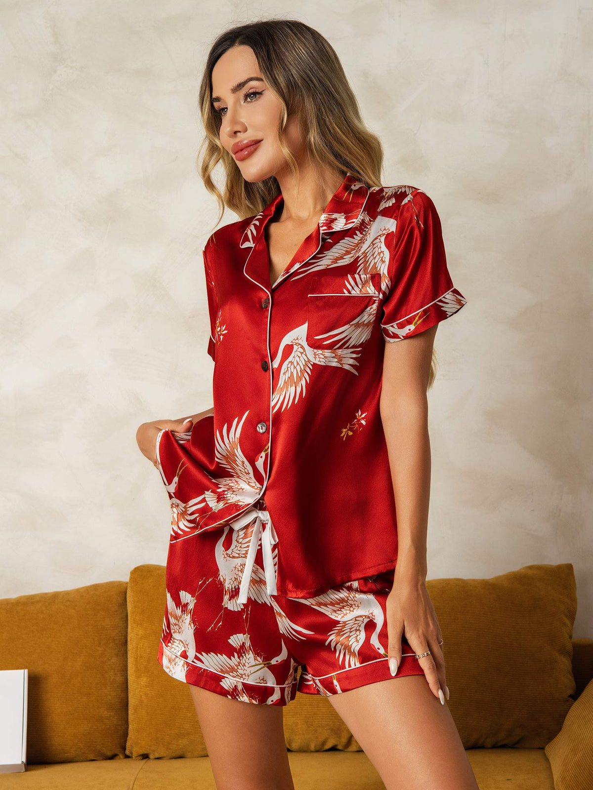 19Momme Pure Silk Crane Print Short Sleeve Notch Collar Women's Pyjamas Set