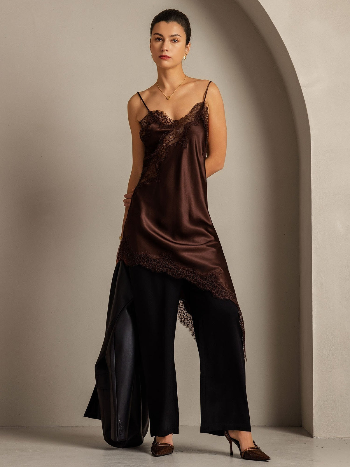 Pure Silk V Neck Asymmetrical Hem Slip Short Dress with Lace Design