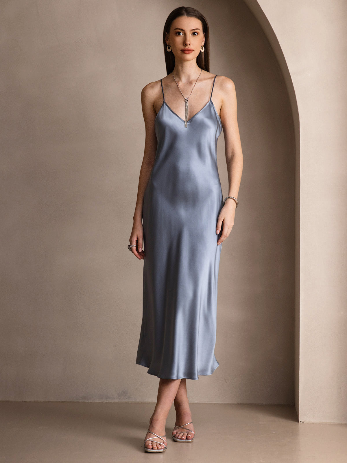 Pure Silk Spaghetti Strap Midi Dress
