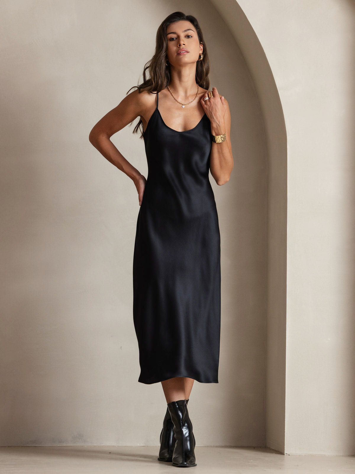 Pure Silk Spaghetti Strap Midi Dress