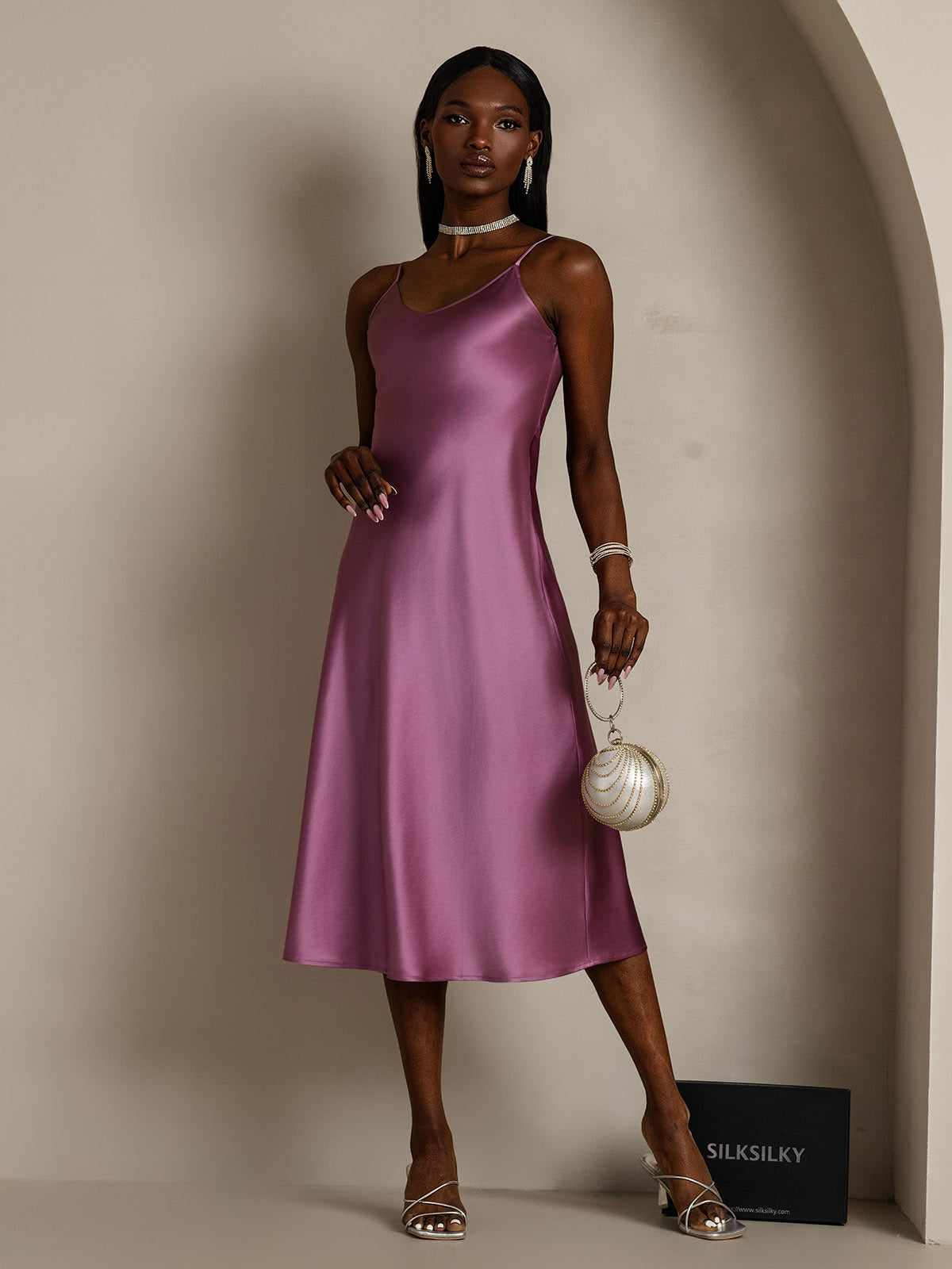 Pure Silk Spaghetti Strap V Neck Midi Dress