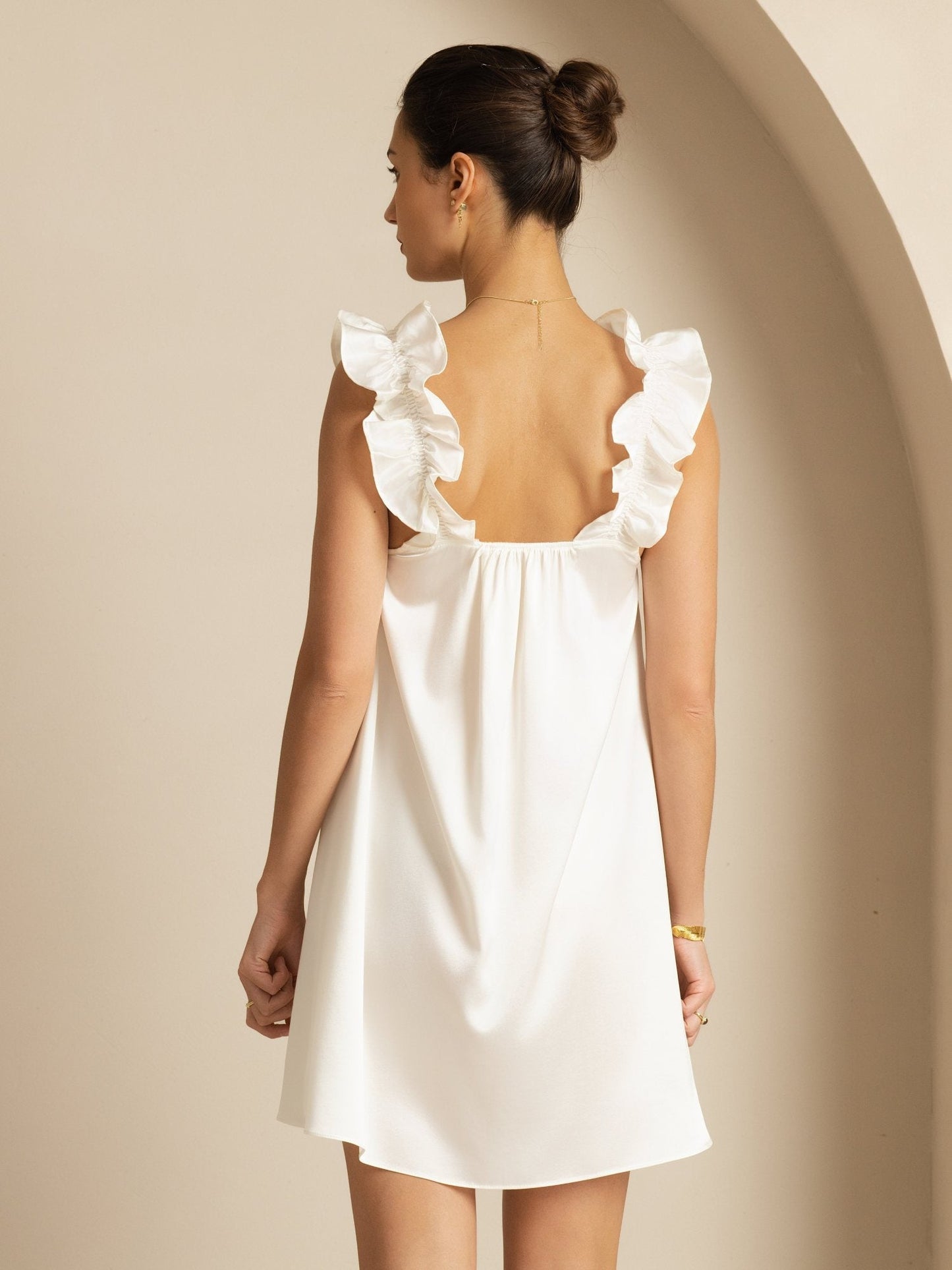 19Momme Silk Ruffle Strap Square Neck  Babydoll A-Line Short Dress