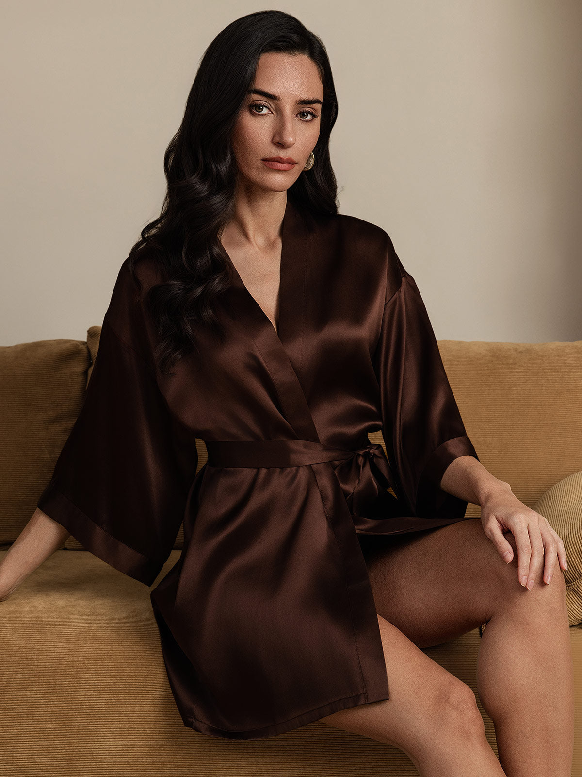 Pure Silk 3/4 Sleeve Short Women's Kimono Dressing Gown with Wrap Design