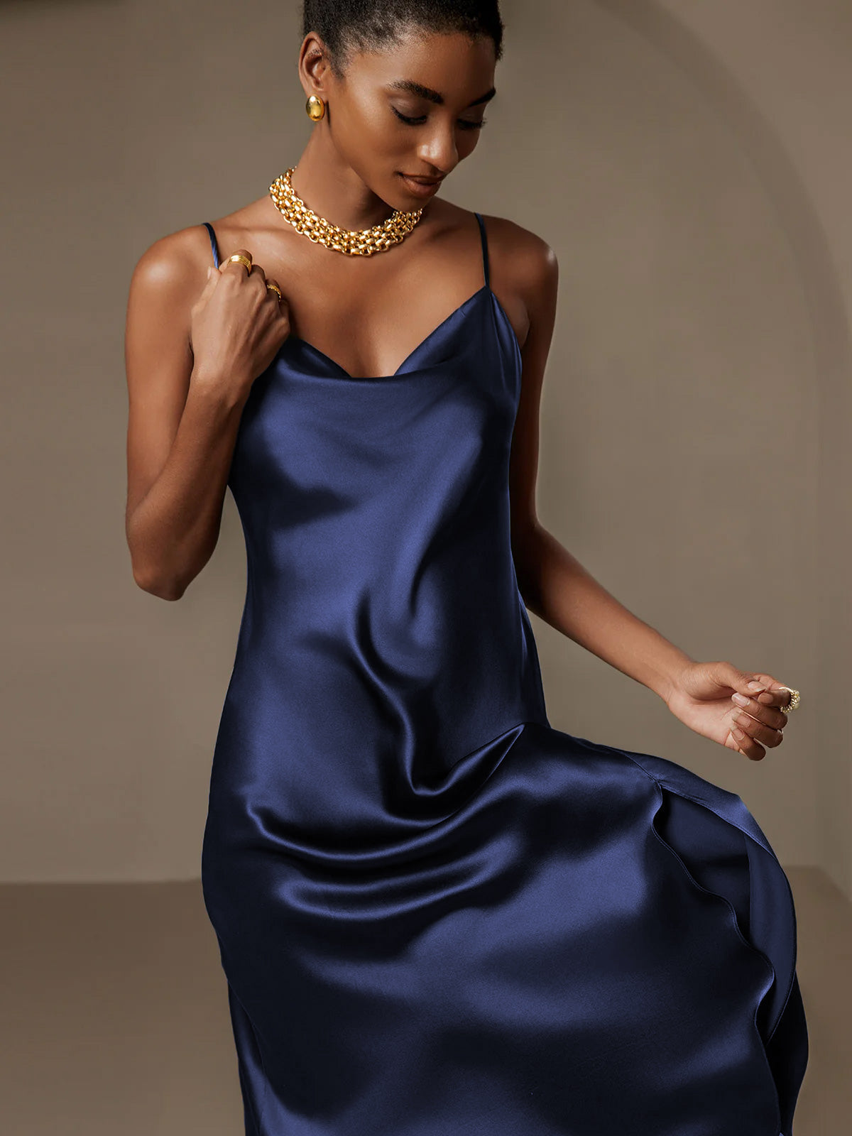 Pure Silk Spaghetti Strap Cowl Neck Bias Midi Dress with Split Design