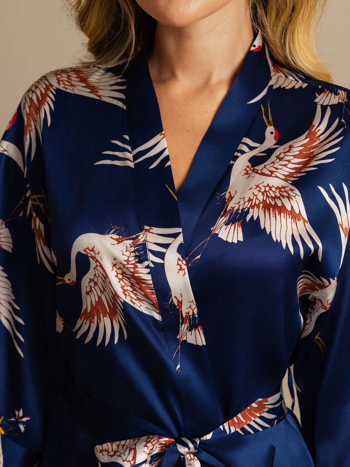 19Momme Pure Silk Crane Print Belted Wrap Women's Kimono Robe